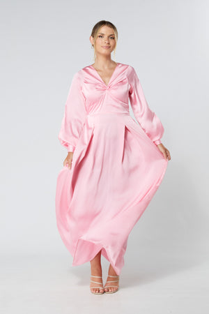 Delilah Rose Satin-Feel Crepe Maxi Dress With Ruched Sleeves