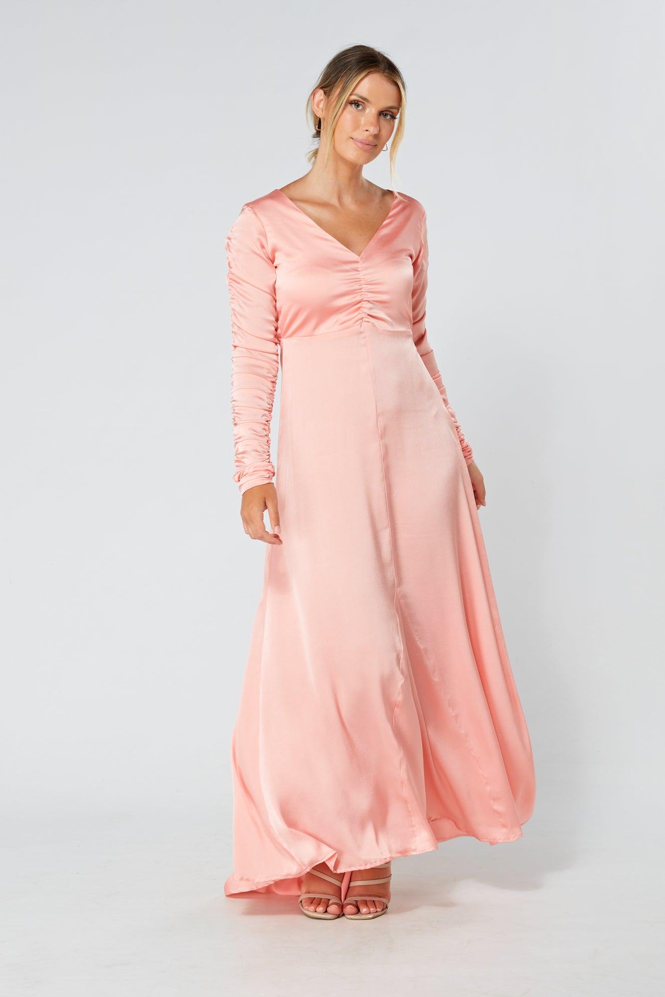 Ella Blush Nude Crepe Maxi Dress With Ruched Detail - TAHLIRA