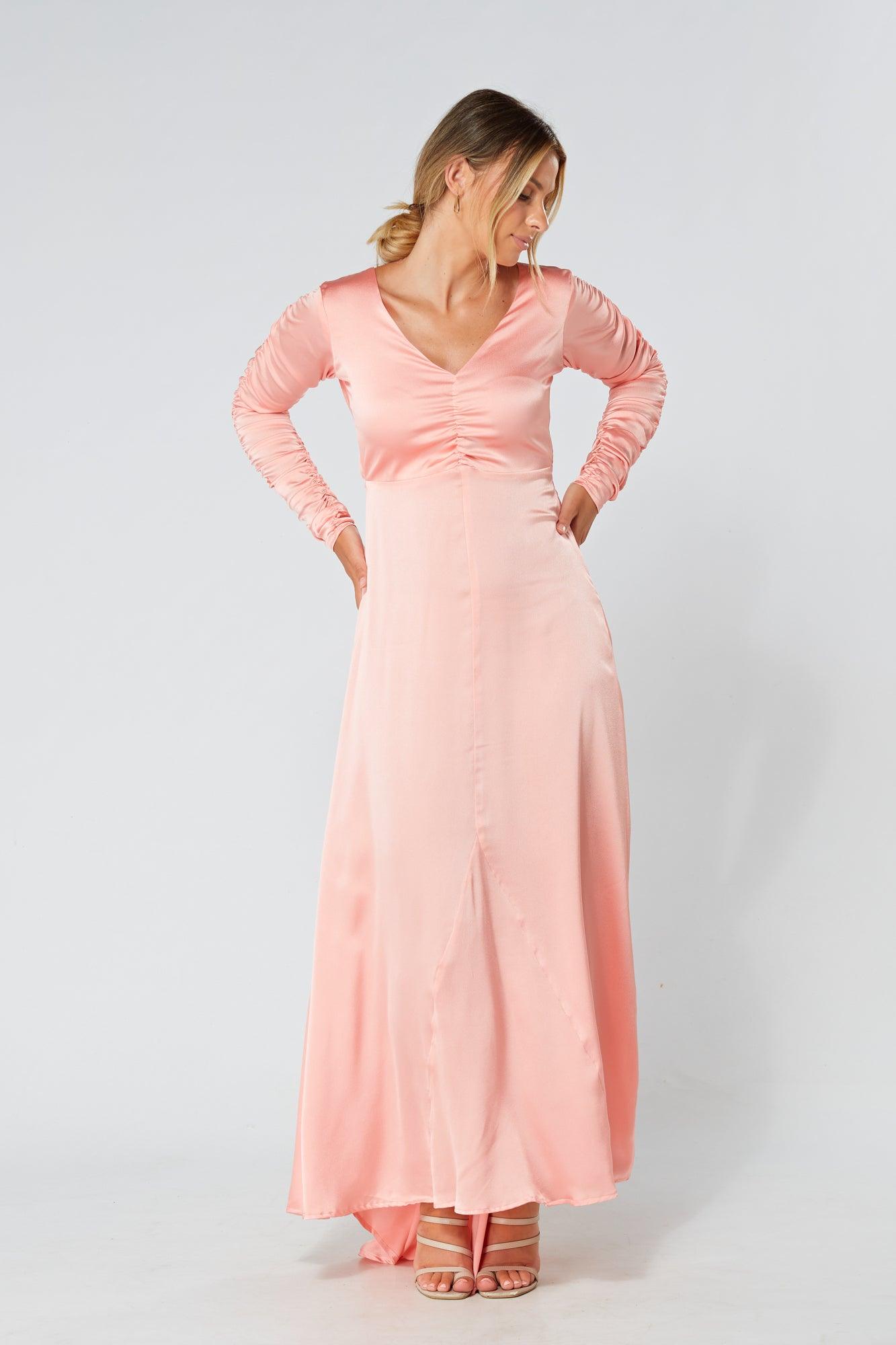 Ella Blush Nude Crepe Maxi Dress With Ruched Detail - TAHLIRA