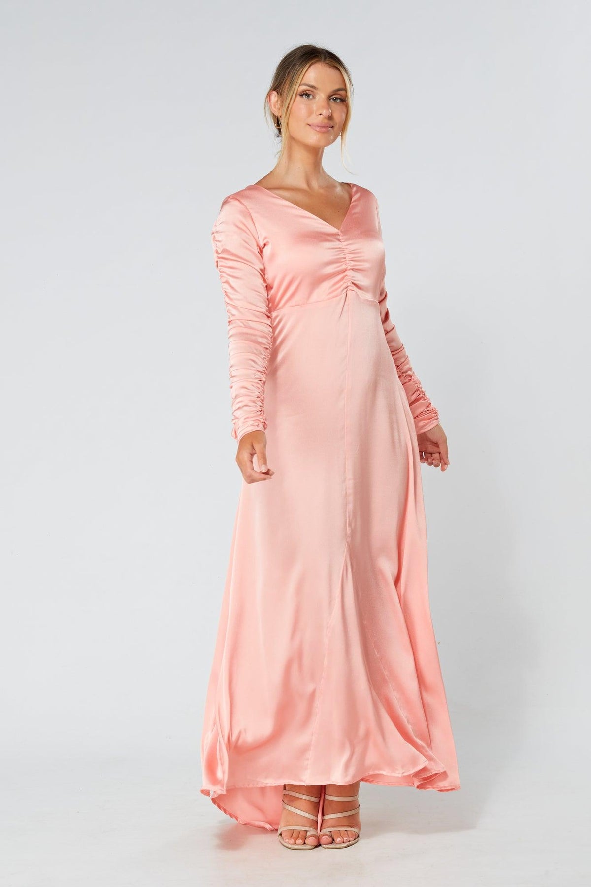 Ella Blush Nude Crepe Maxi Dress With Ruched Detail - TAHLIRA