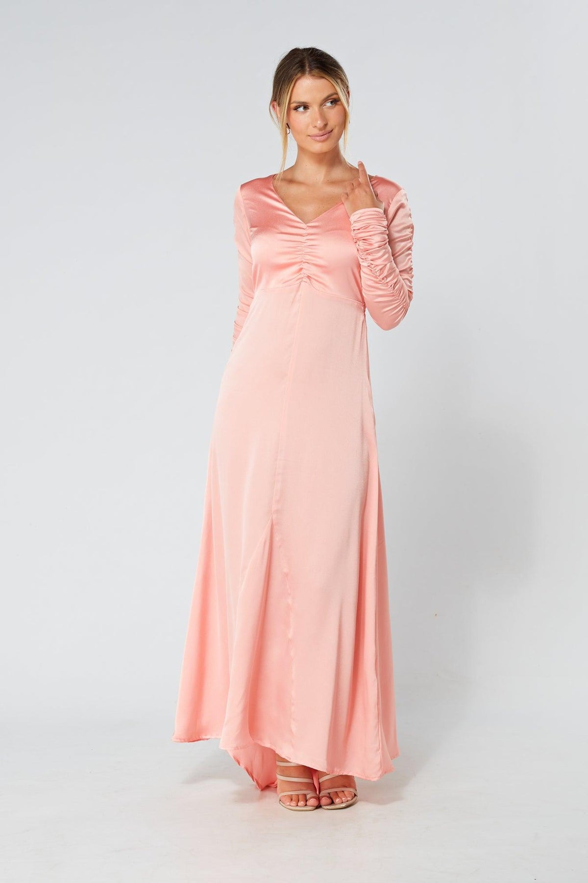Ella Blush Nude Crepe Maxi Dress With Ruched Detail - TAHLIRA