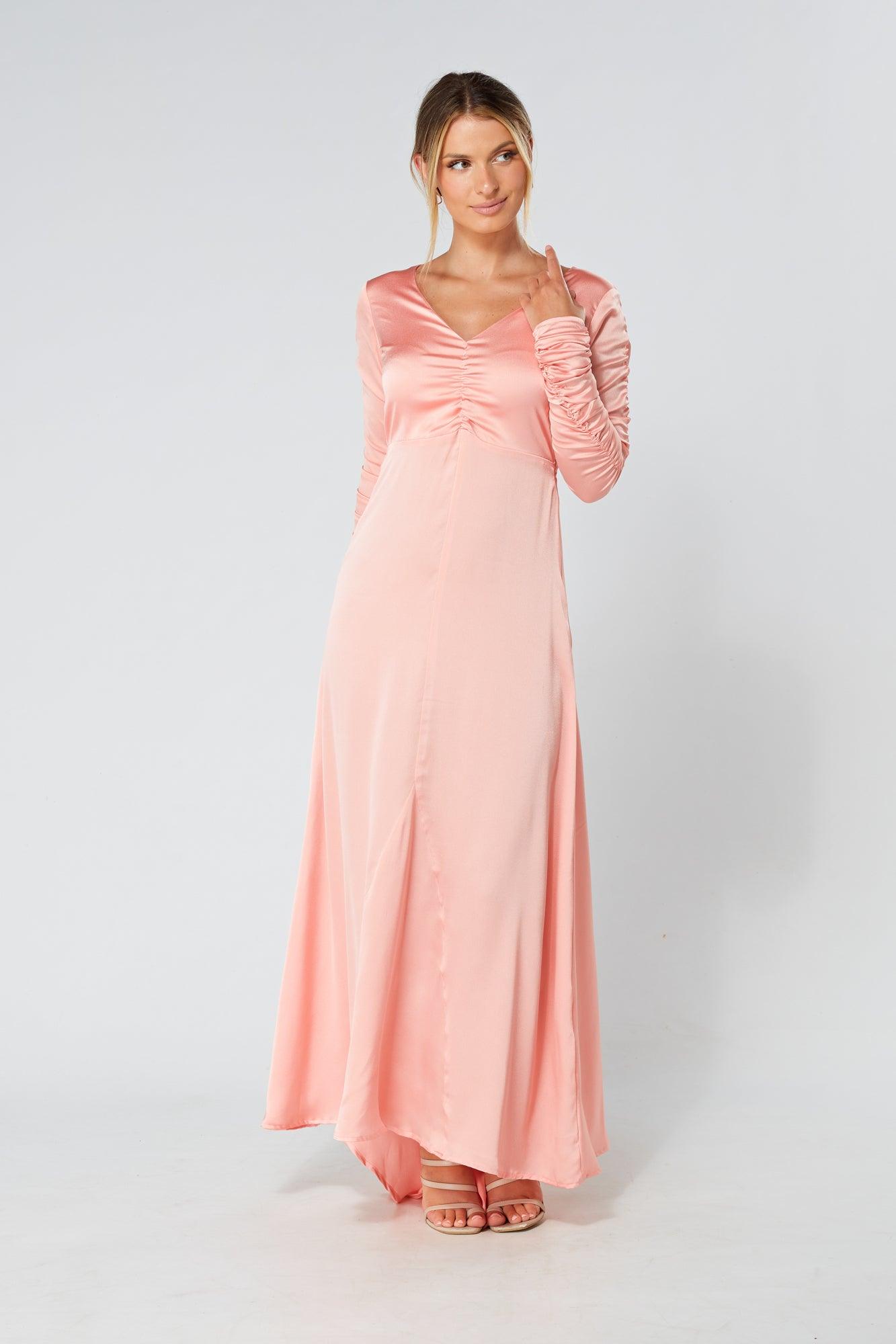 Ella Blush Nude Crepe Maxi Dress With Ruched Detail - TAHLIRA