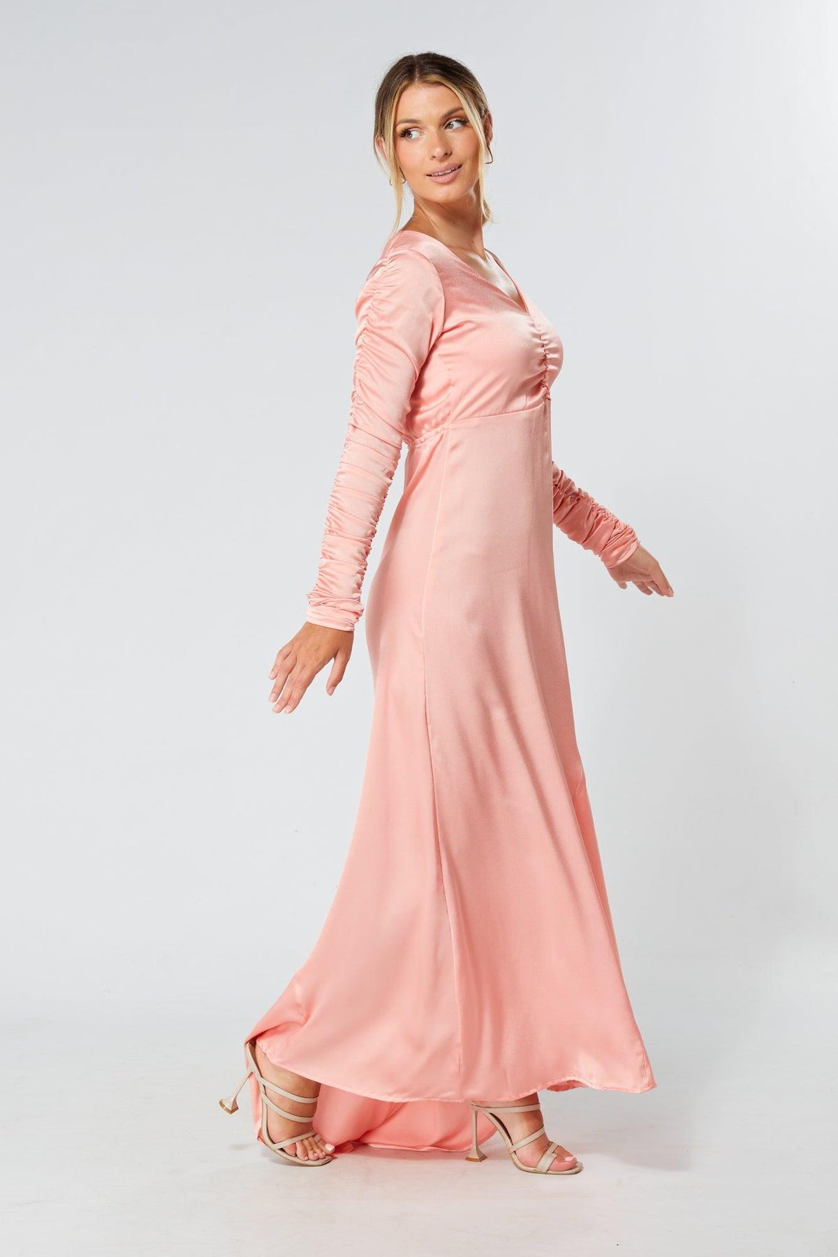 Ella Blush Nude Crepe Maxi Dress With Ruched Detail - TAHLIRA