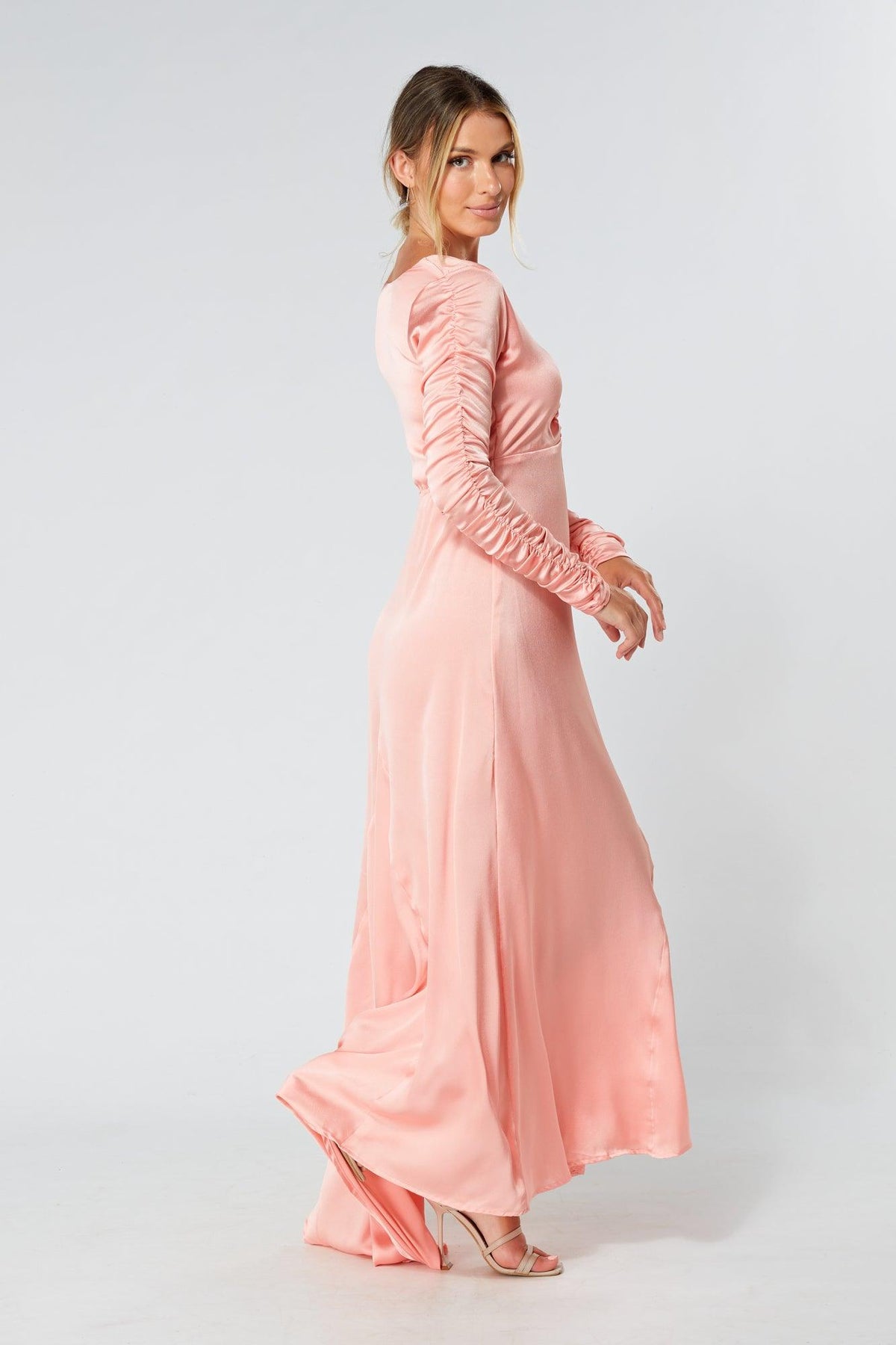 Ella Blush Nude Crepe Maxi Dress With Ruched Detail - TAHLIRA