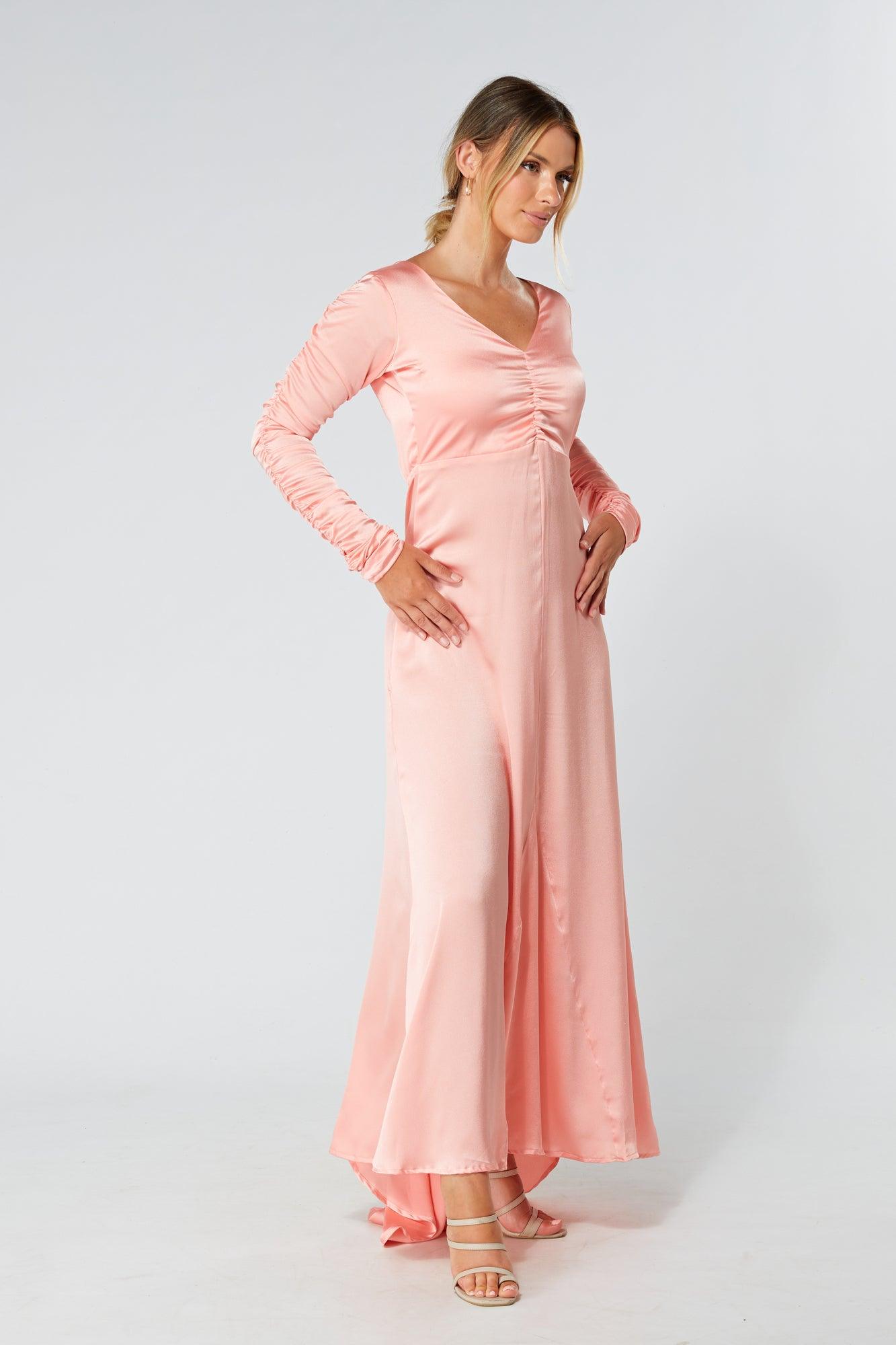 Ella Blush Nude Crepe Maxi Dress With Ruched Detail - TAHLIRA