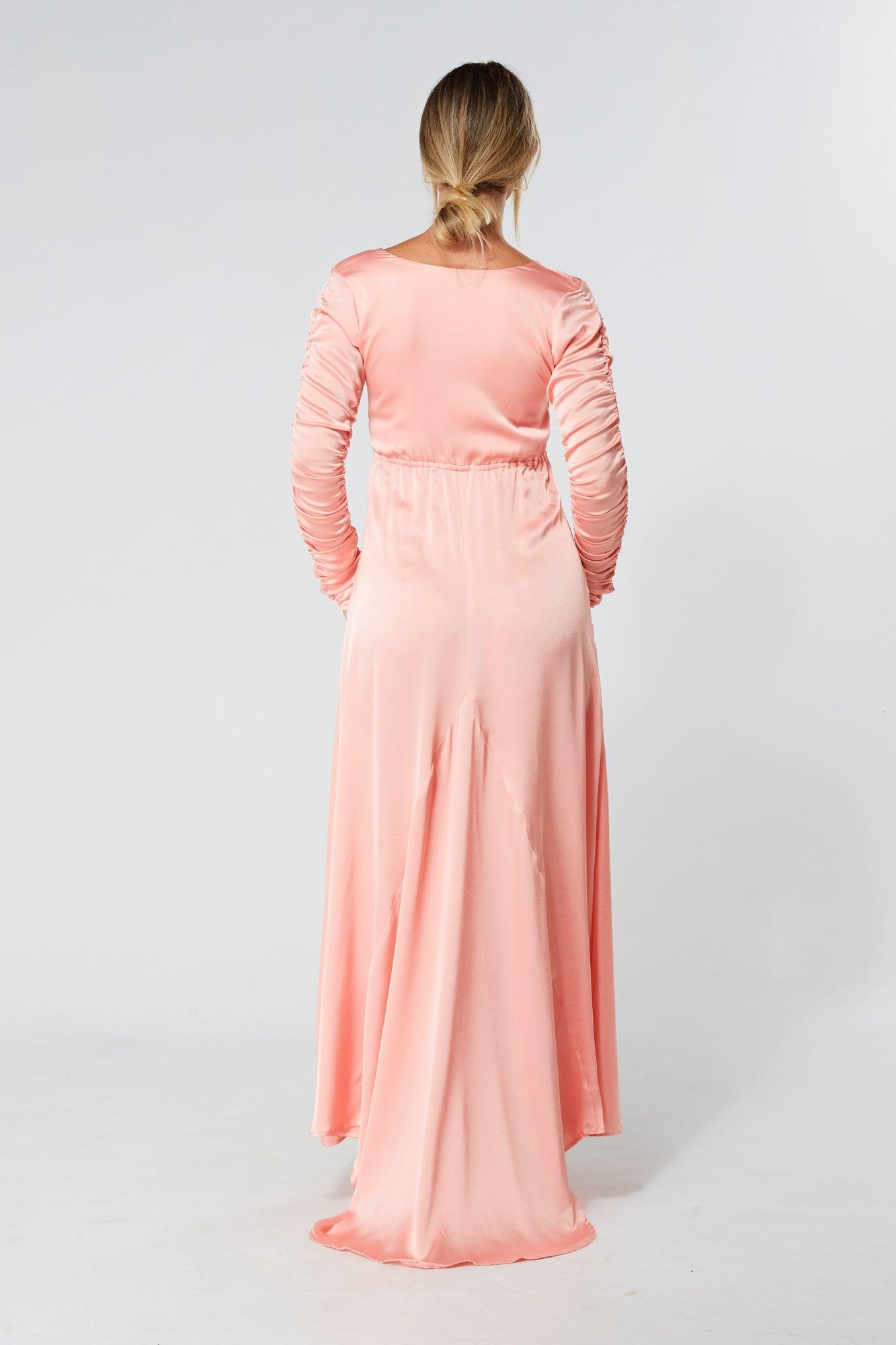 Ella Blush Nude Crepe Maxi Dress With Ruched Detail - TAHLIRA