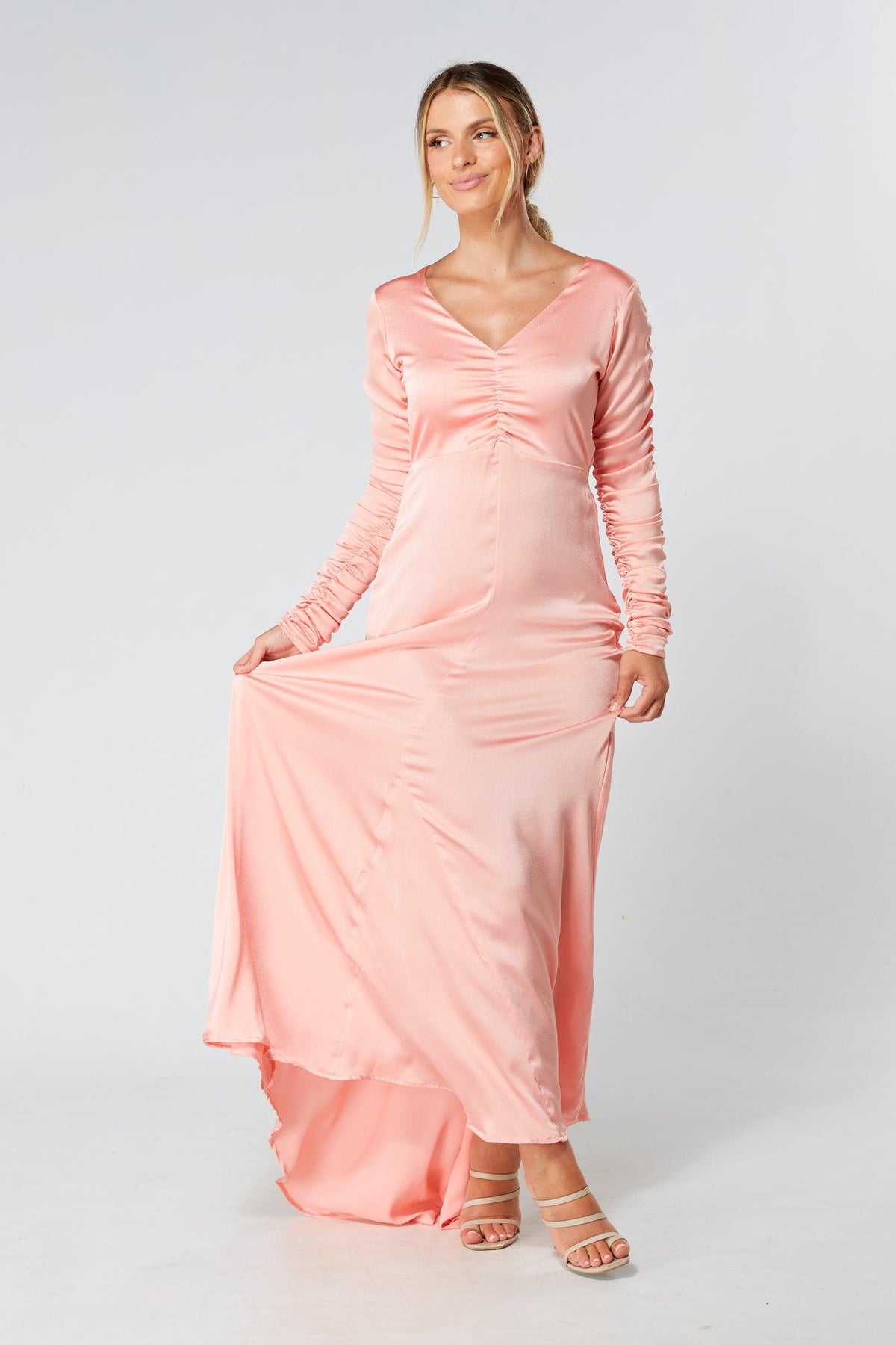 Ella Blush Nude Crepe Maxi Dress With Ruched Detail - TAHLIRA