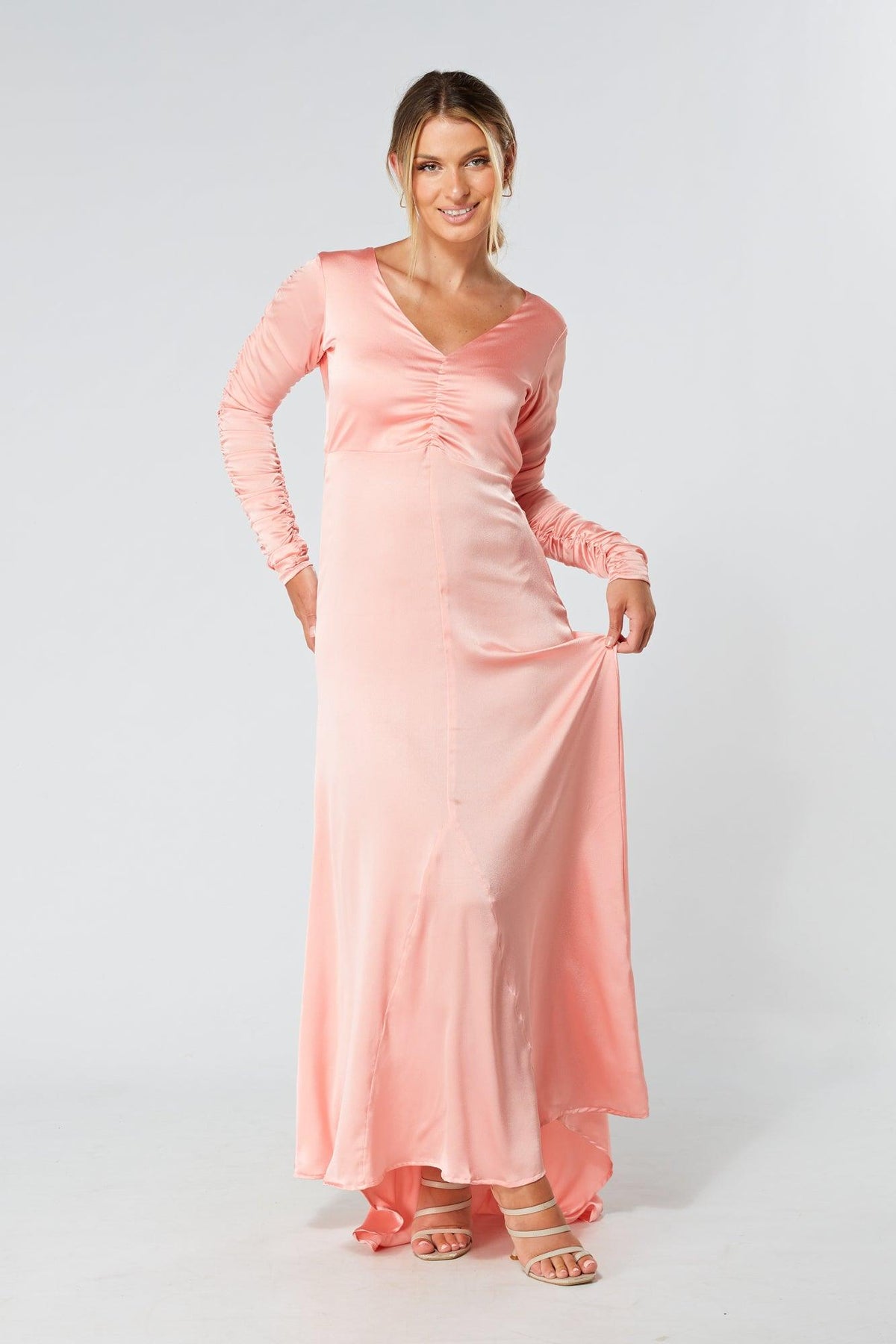 Ella Blush Nude Crepe Maxi Dress With Ruched Detail - TAHLIRA