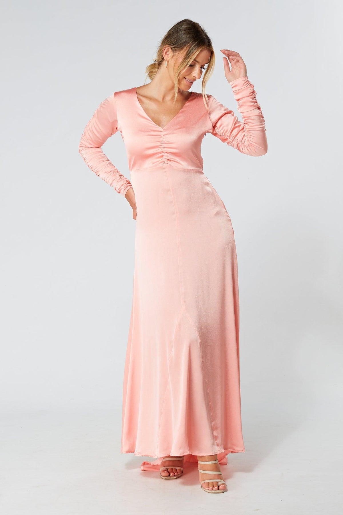 Ella Blush Nude Crepe Maxi Dress With Ruched Detail - TAHLIRA