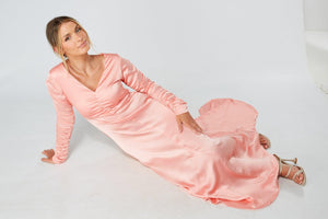 Ella Blush Nude Crepe Maxi Dress With Ruched Detail - TAHLIRA