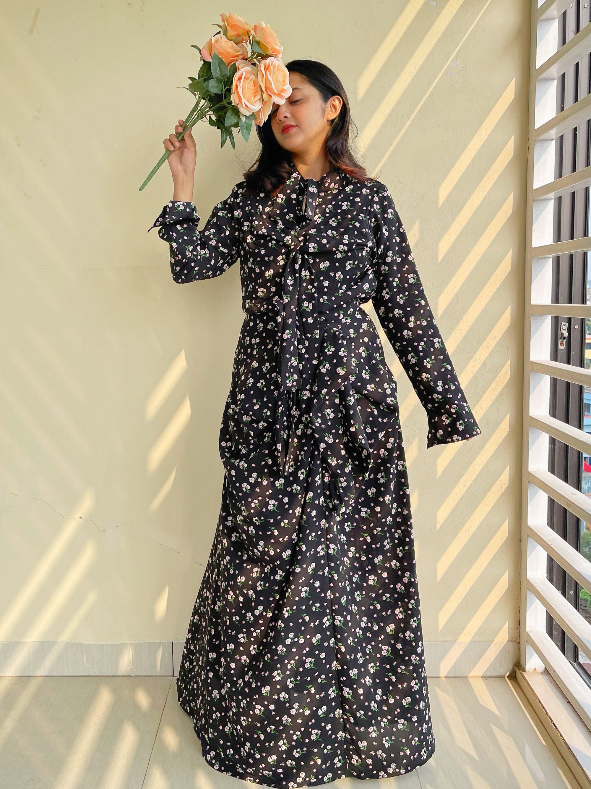 Priscilla Front Ties Black Floral Maxi Dress with Long Sleeves