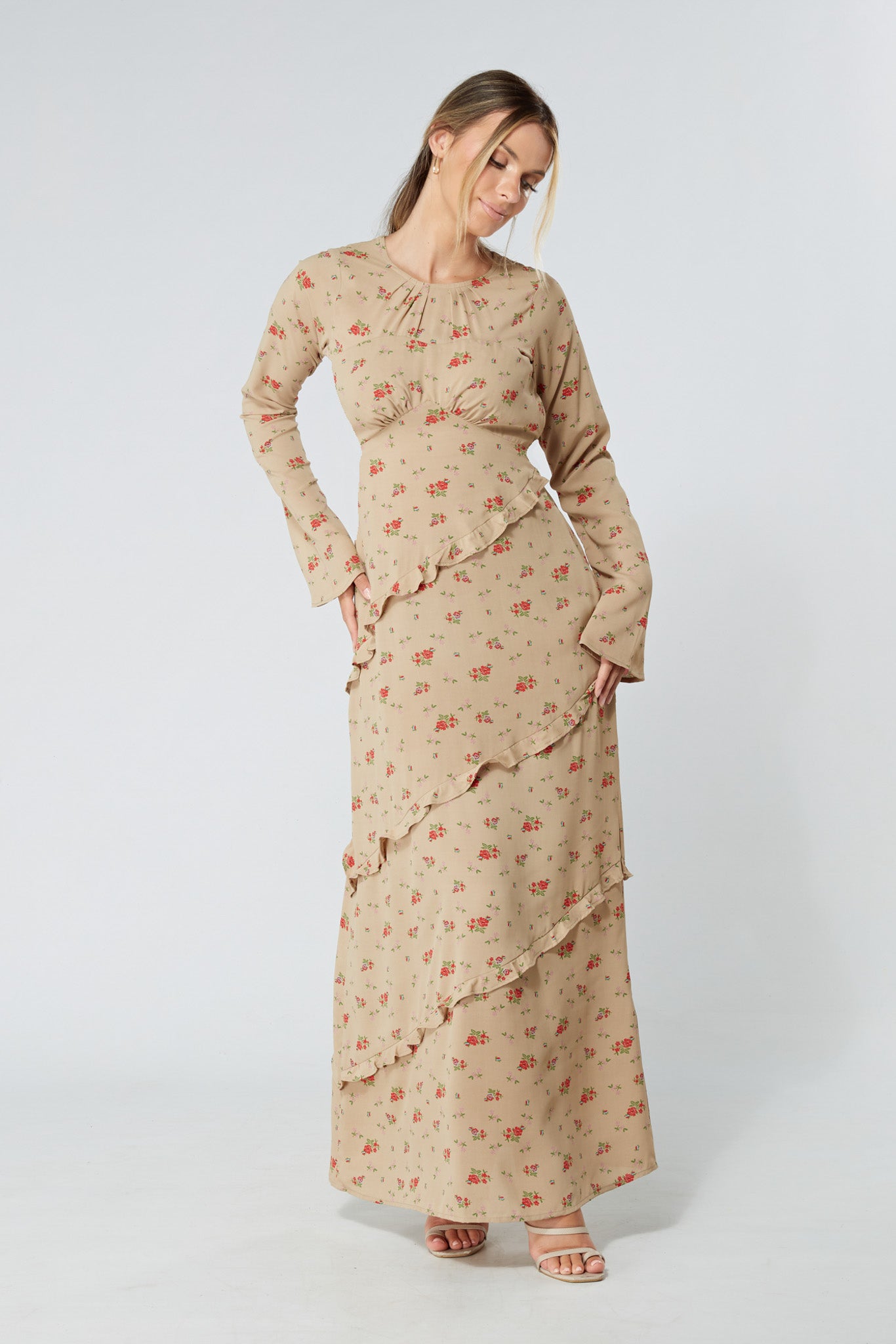Fleur Beige Floral Maxi Dress With Frill