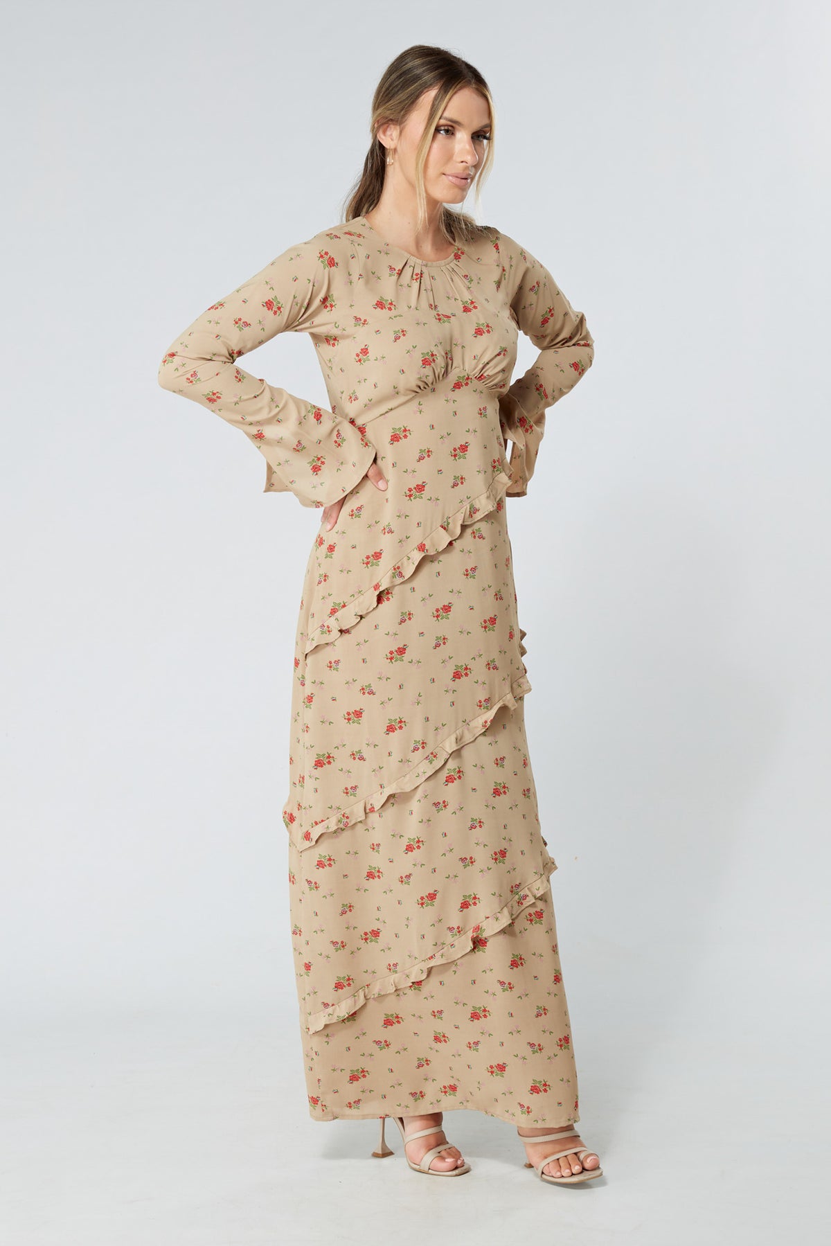 Fleur Beige Floral Maxi Dress With Frill