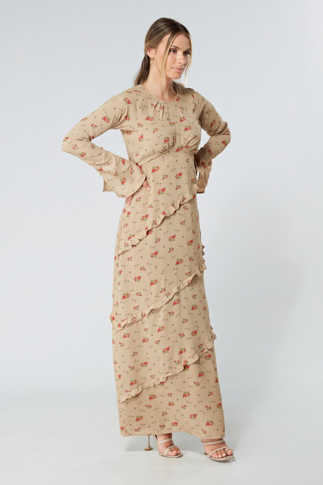 Fleur Beige Floral Maxi Dress With Frill