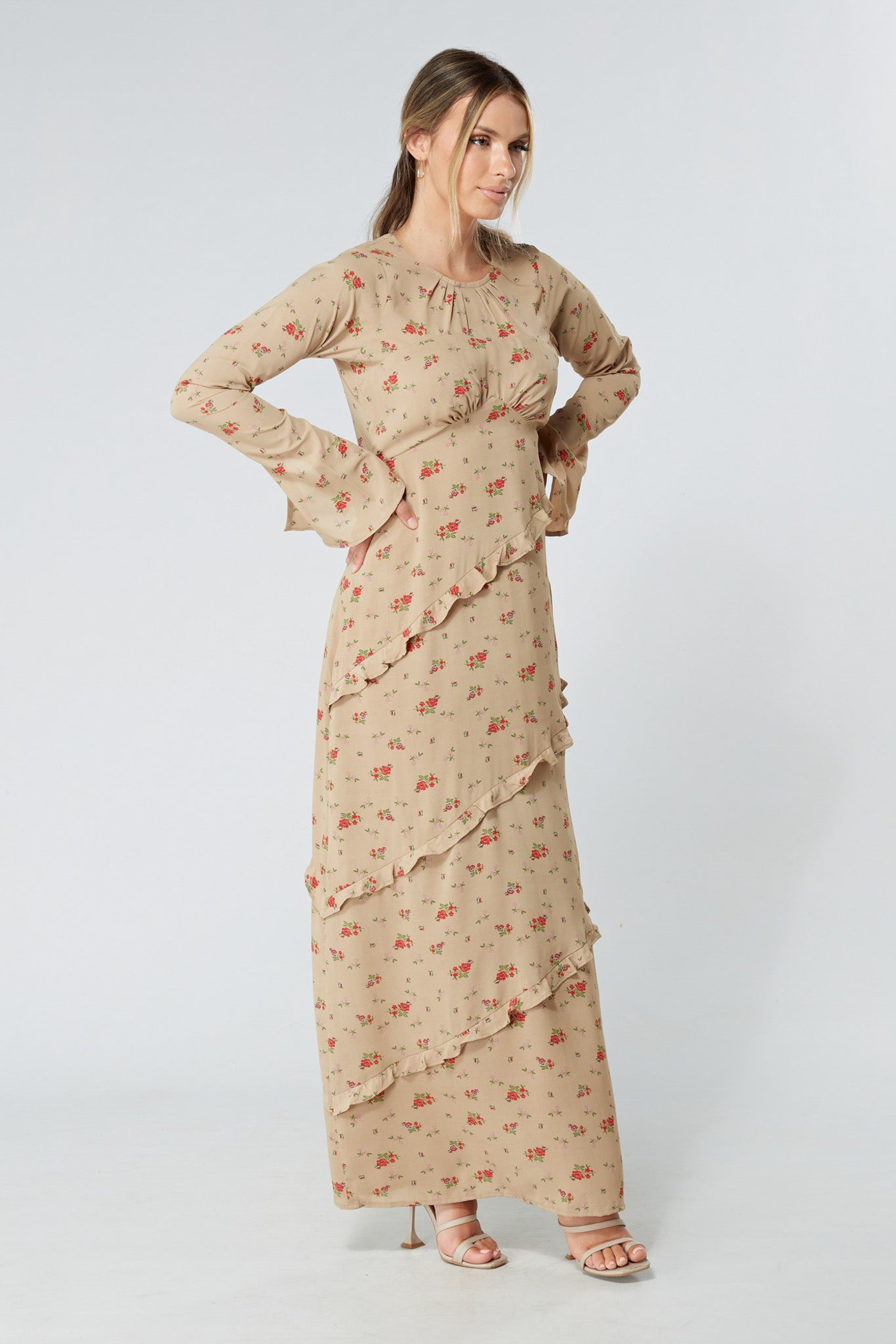 Fleur Beige Floral Maxi Dress With Frill