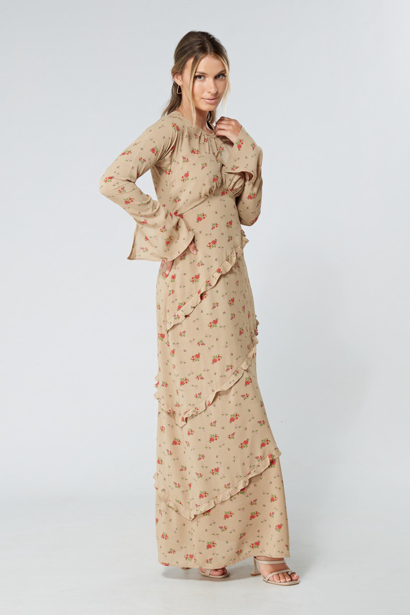 Fleur Beige Floral Maxi Dress With Frill