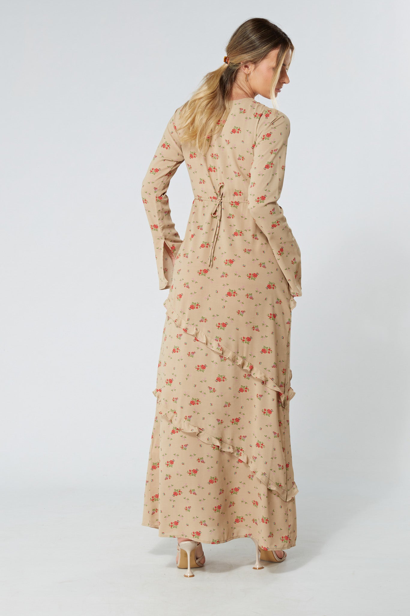 Fleur Beige Floral Maxi Dress With Frill