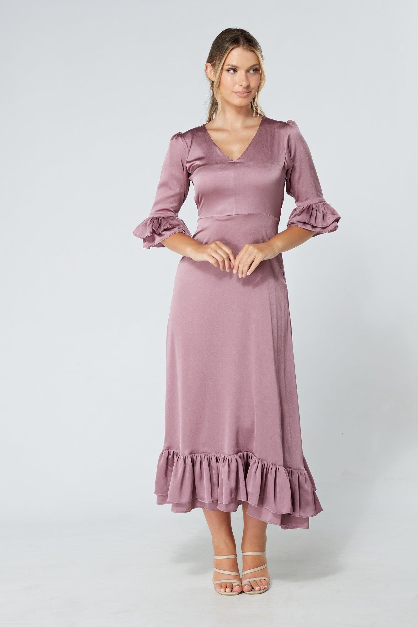 Francesca Frilled Hem Satin-Feel Lilac Midaxi Dress - TAHLIRA