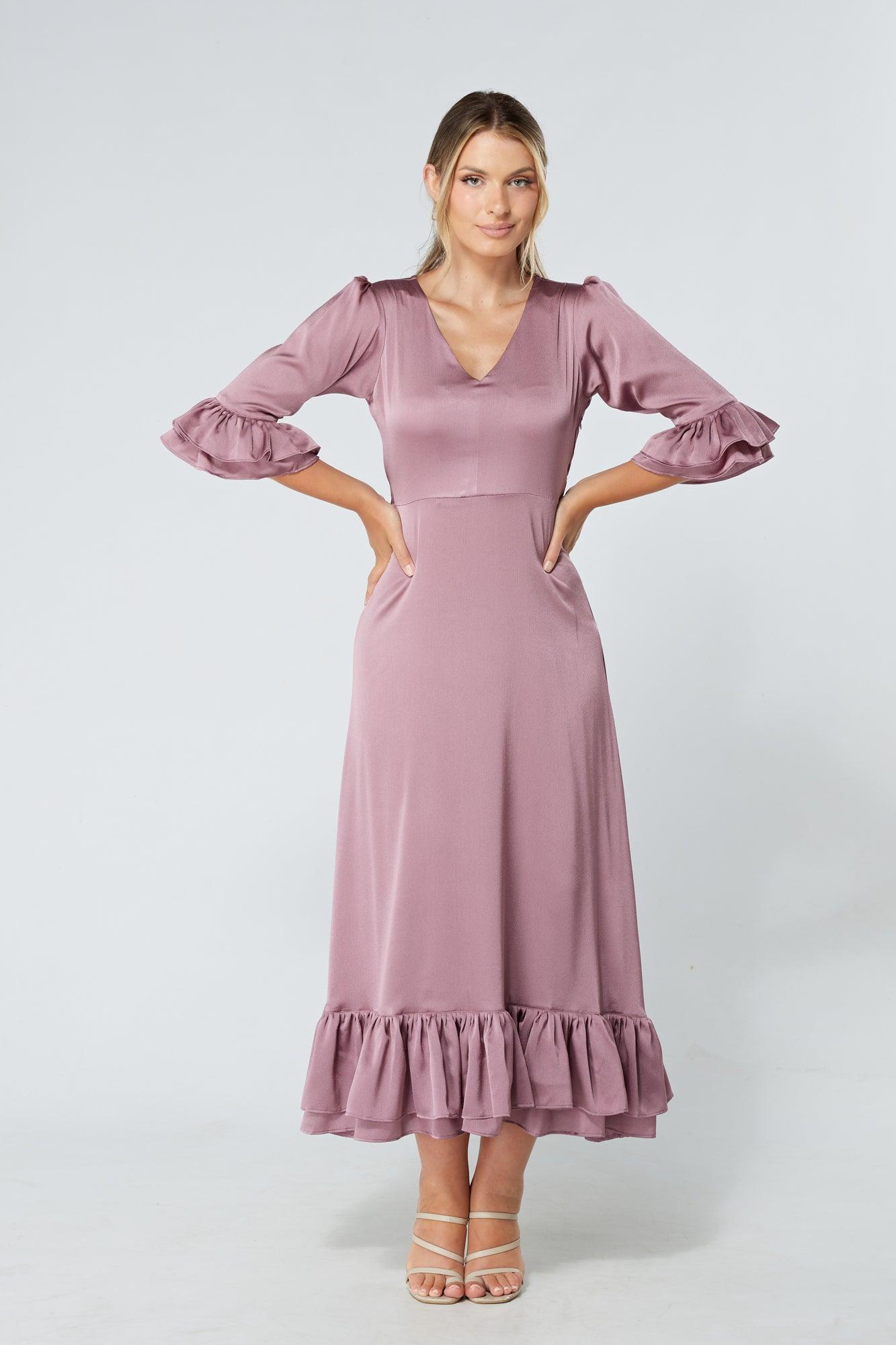 Francesca Frilled Hem Satin-Feel Lilac Midaxi Dress - TAHLIRA