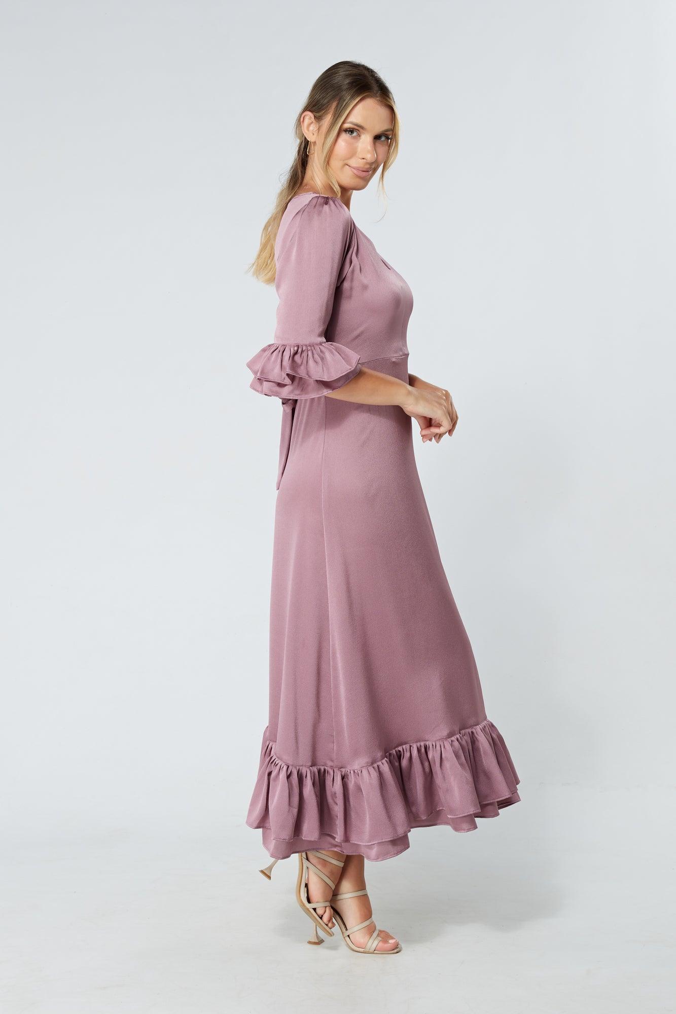 Francesca Frilled Hem Satin-Feel Lilac Midaxi Dress - TAHLIRA