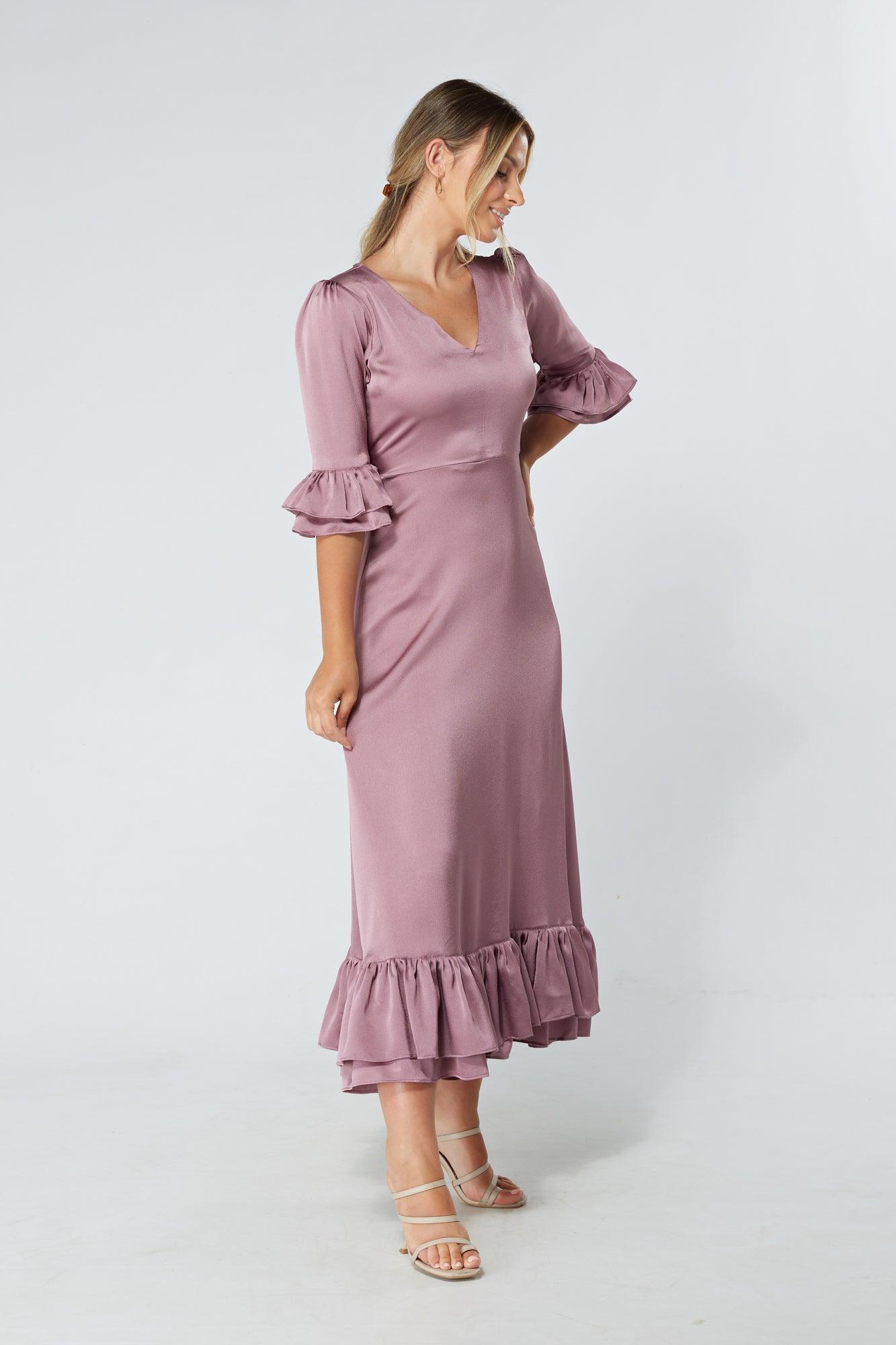 Francesca Frilled Hem Satin-Feel Lilac Midaxi Dress - TAHLIRA