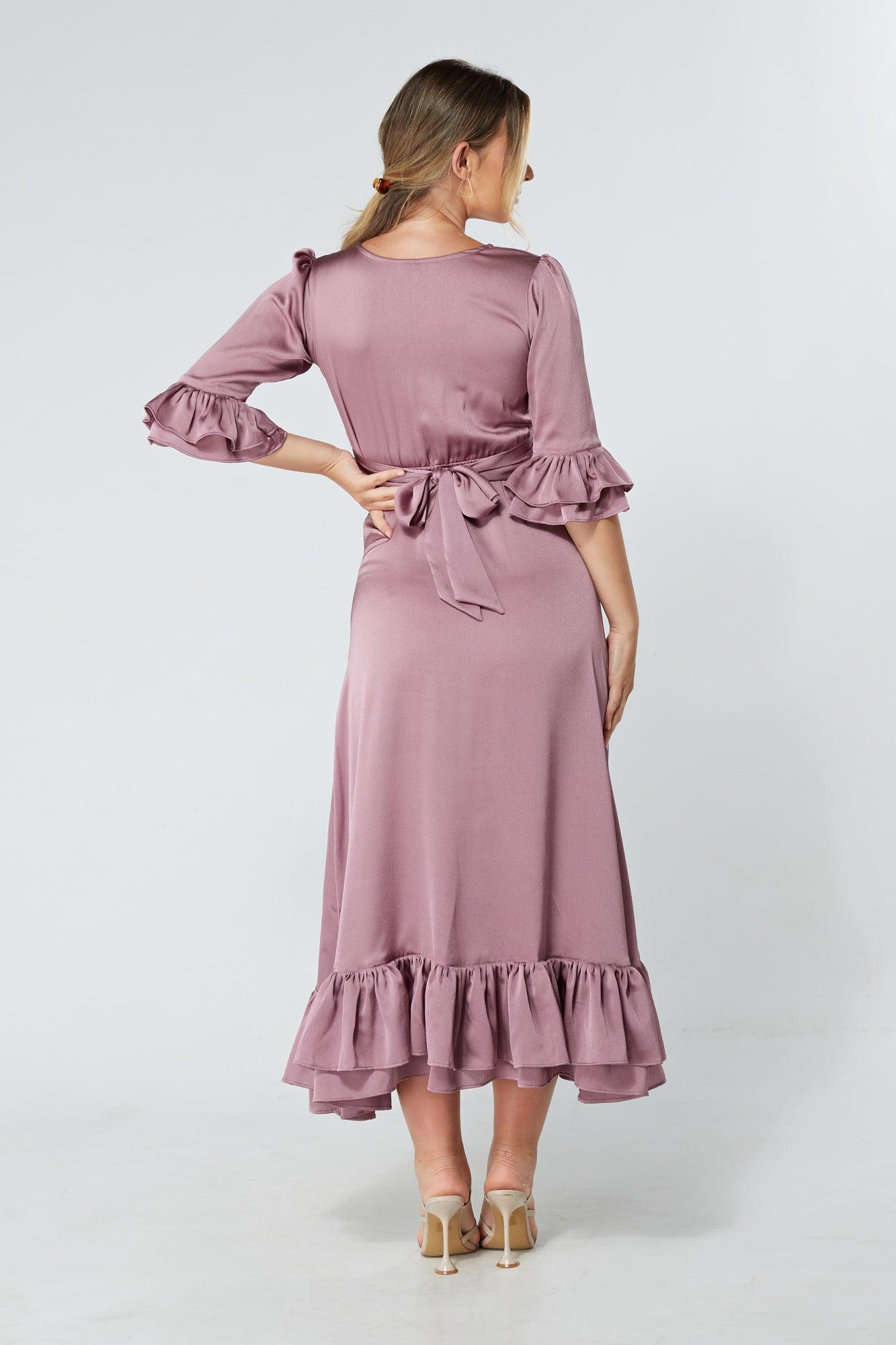 Francesca Frilled Hem Satin-Feel Lilac Midaxi Dress - TAHLIRA