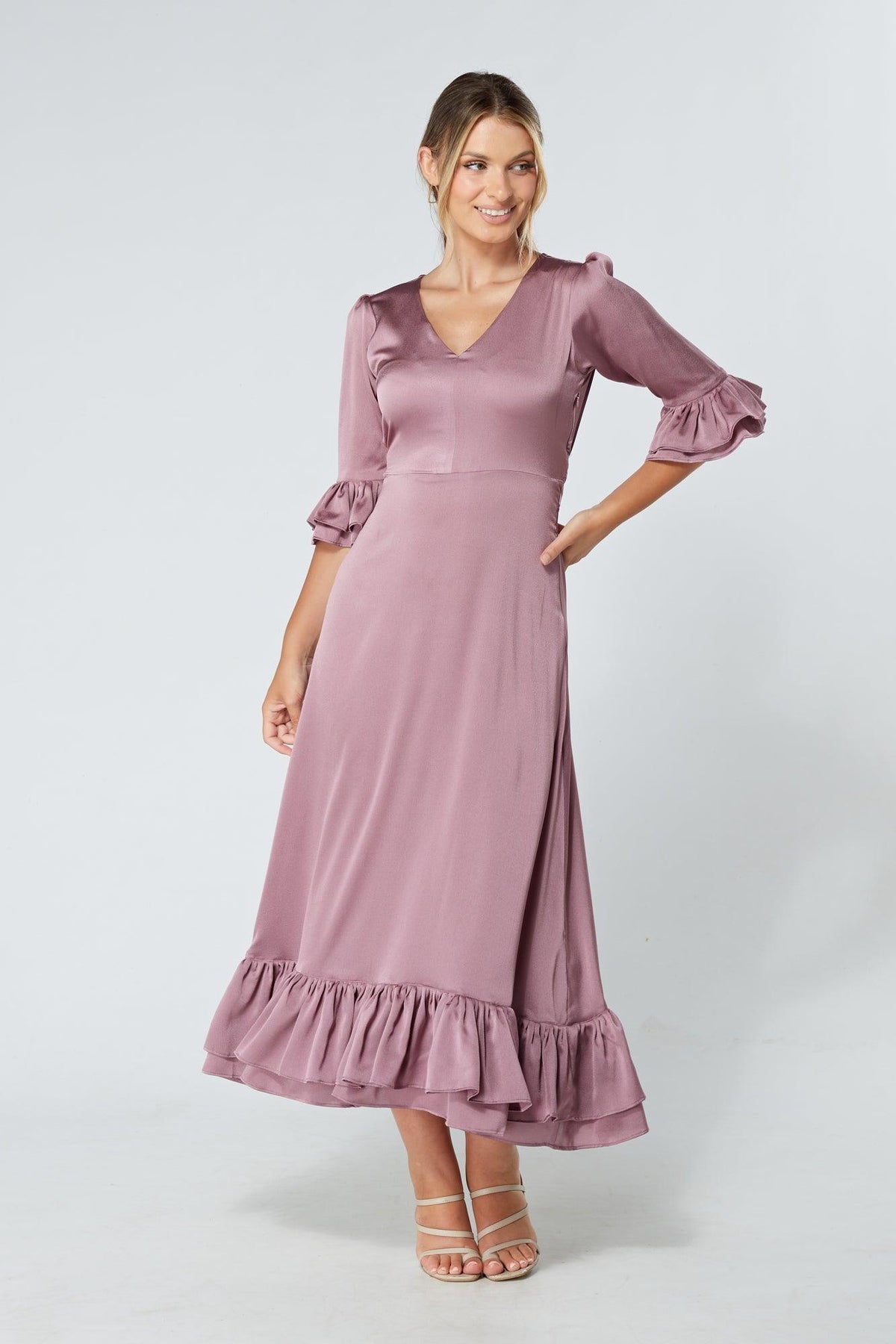 Francesca Frilled Hem Satin-Feel Lilac Midaxi Dress - TAHLIRA