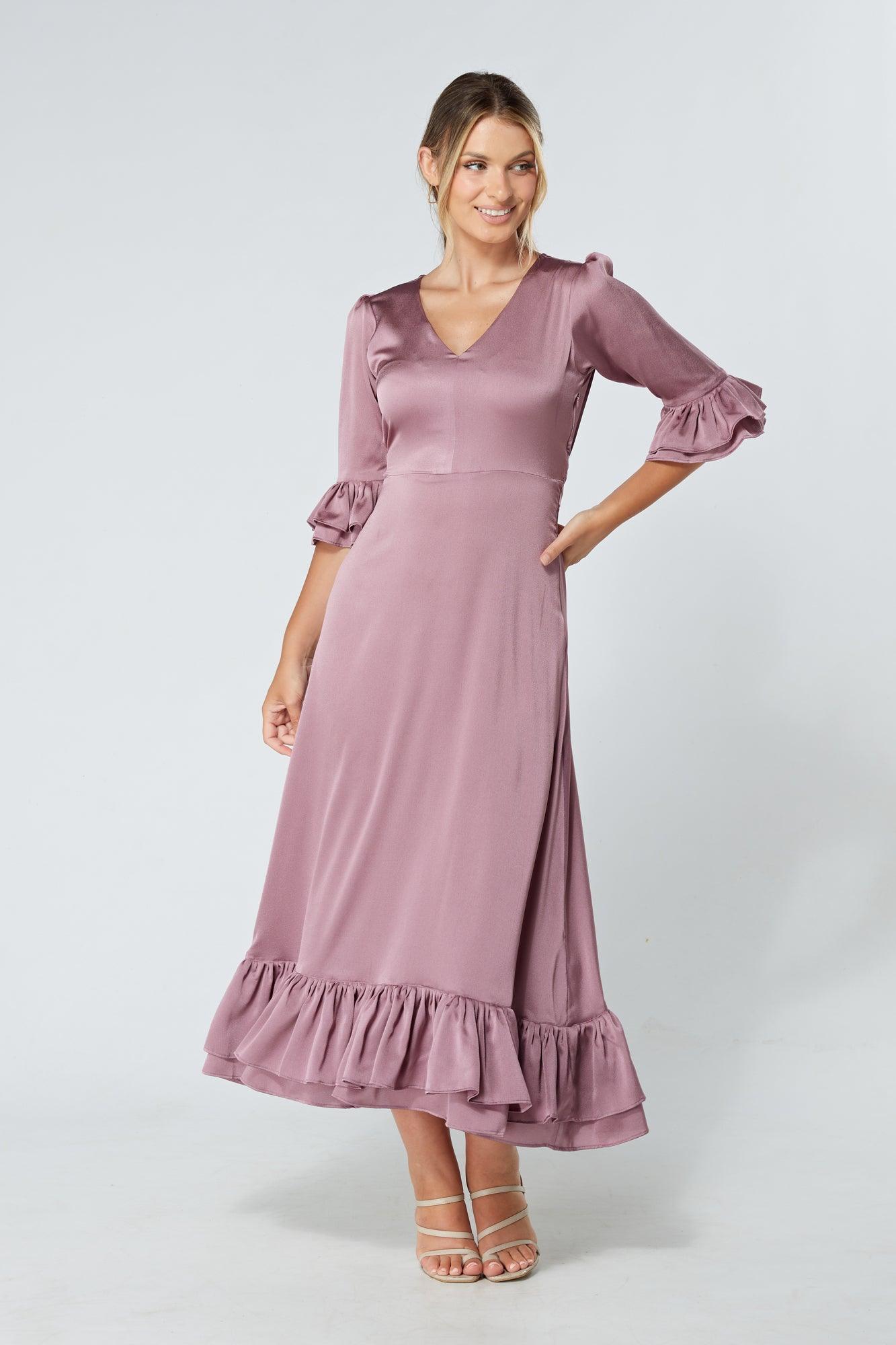 Francesca Frilled Hem Satin-Feel Lilac Midaxi Dress - TAHLIRA