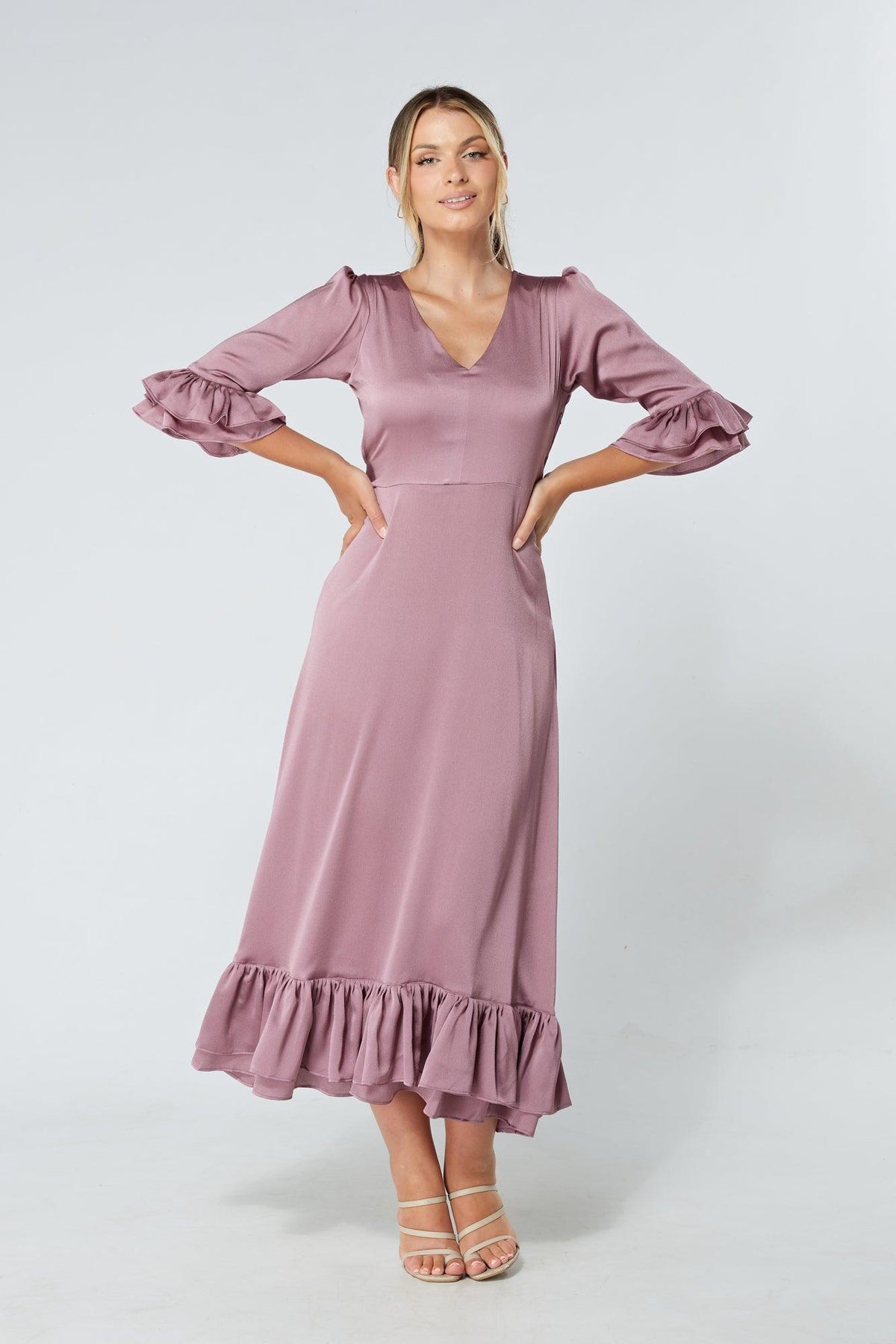 Francesca Frilled Hem Satin-Feel Lilac Midaxi Dress - TAHLIRA