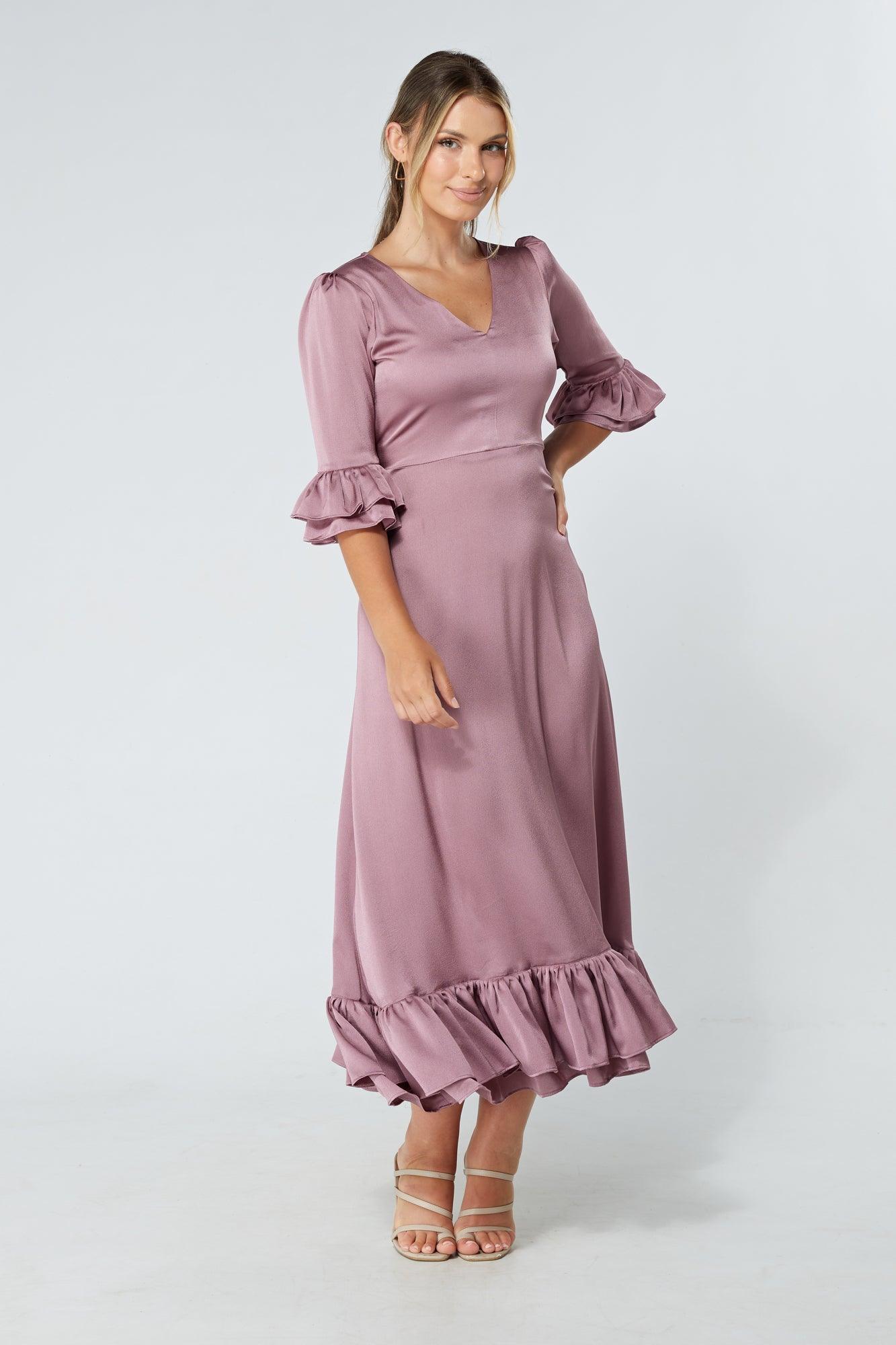 Francesca Frilled Hem Satin-Feel Lilac Midaxi Dress - TAHLIRA