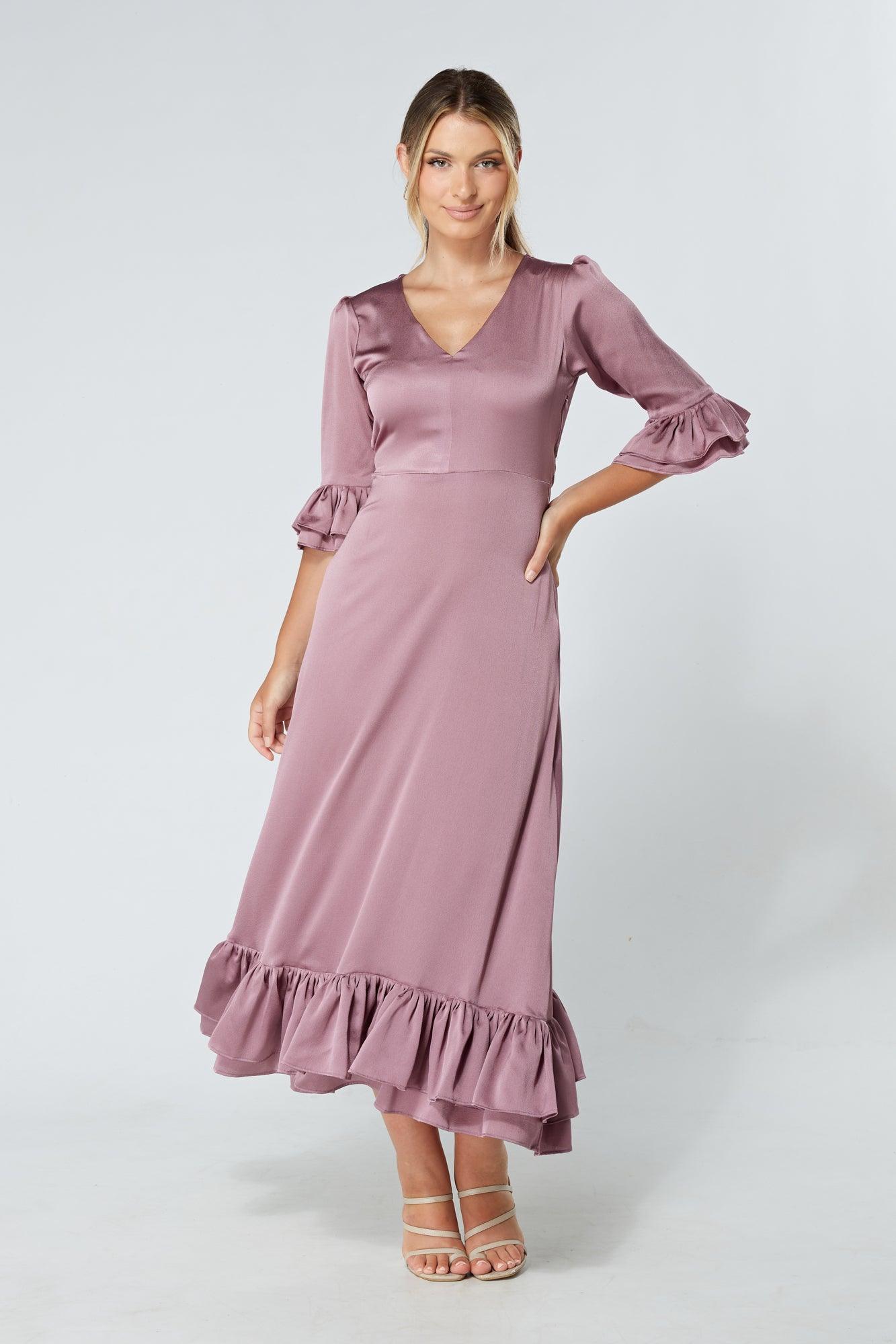 Francesca Frilled Hem Satin-Feel Lilac Midaxi Dress - TAHLIRA