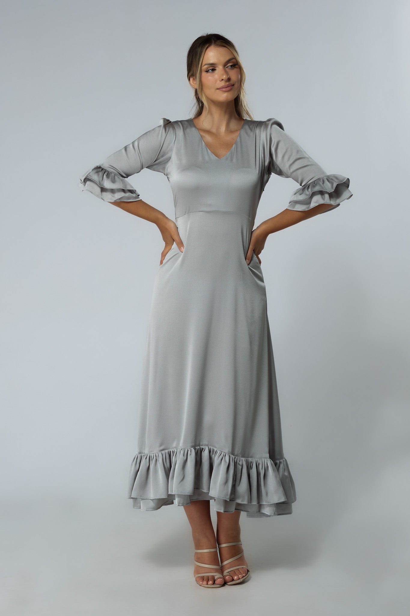Francesca Frilled Hem Satin-Feel Silver Midaxi Dress