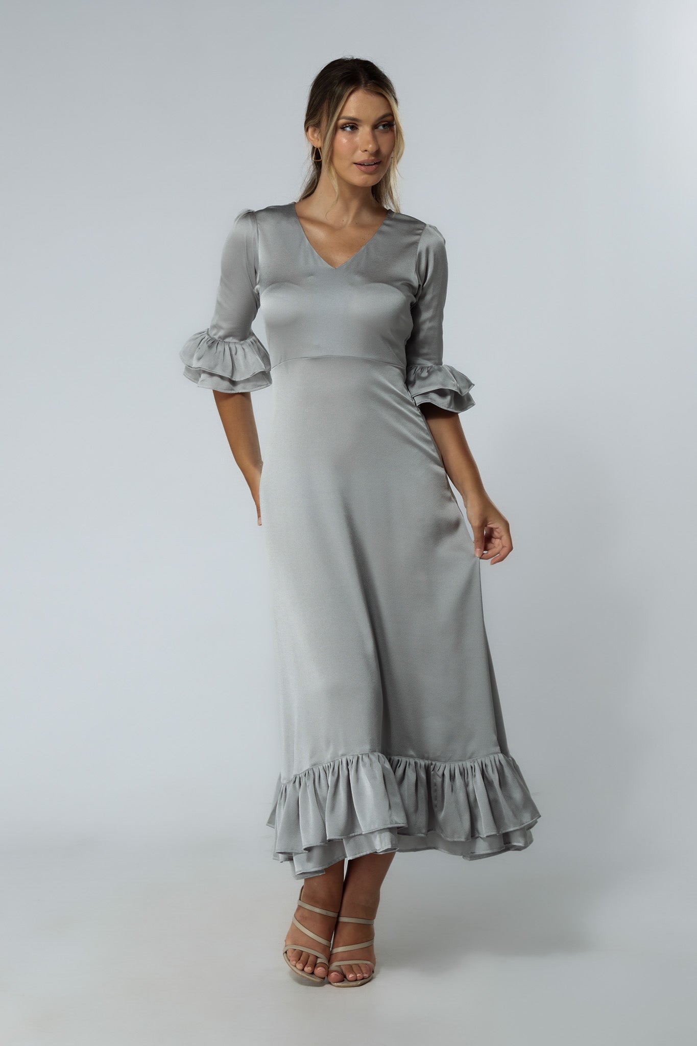 Francesca Frilled Hem Satin-Feel Silver Midaxi Dress