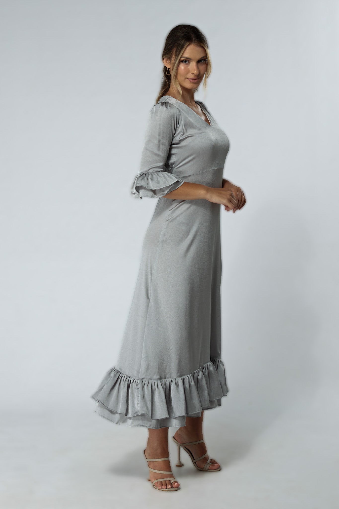 Francesca Frilled Hem Satin-Feel Silver Midaxi Dress