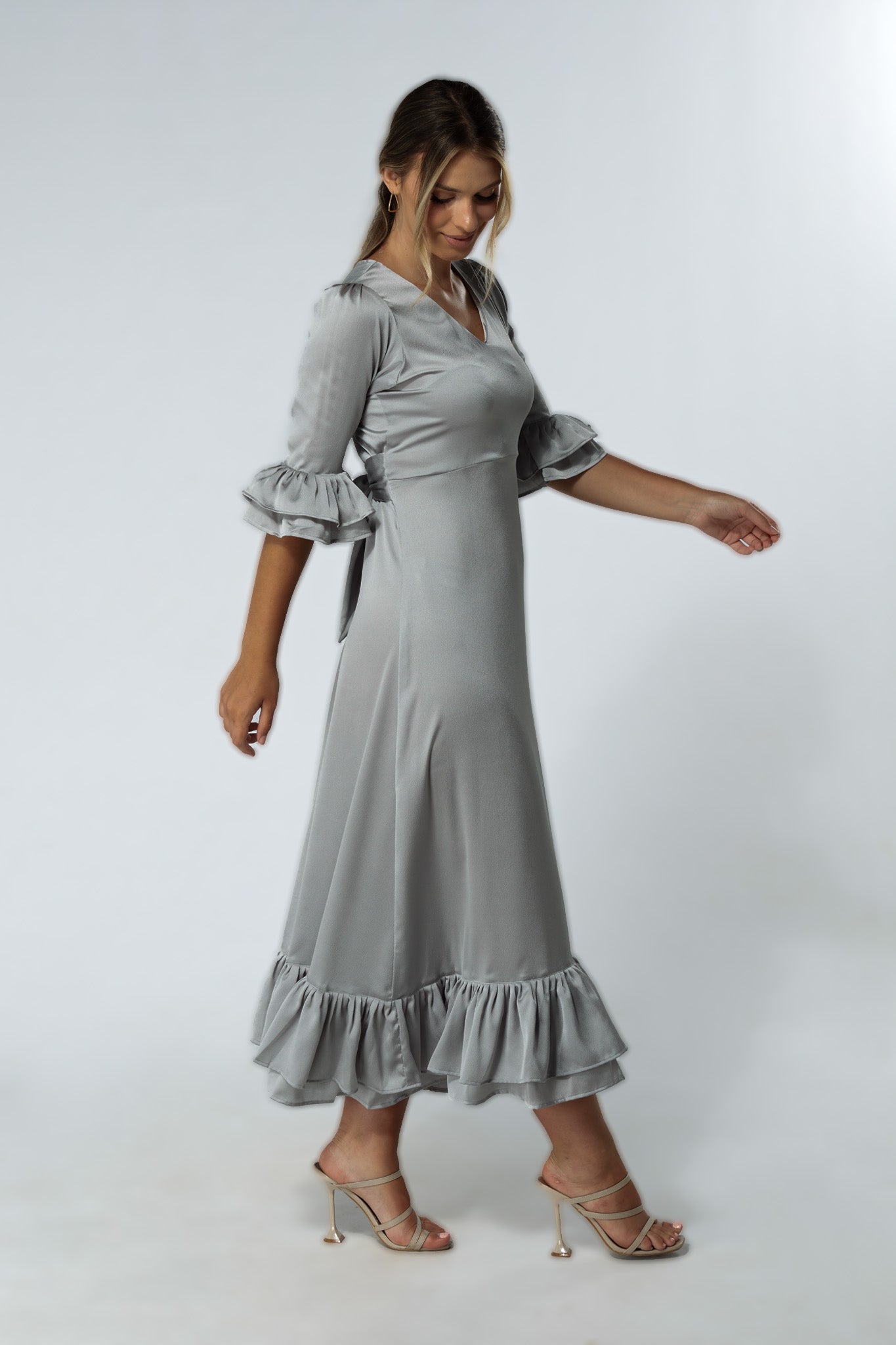 Francesca Frilled Hem Satin-Feel Silver Midaxi Dress