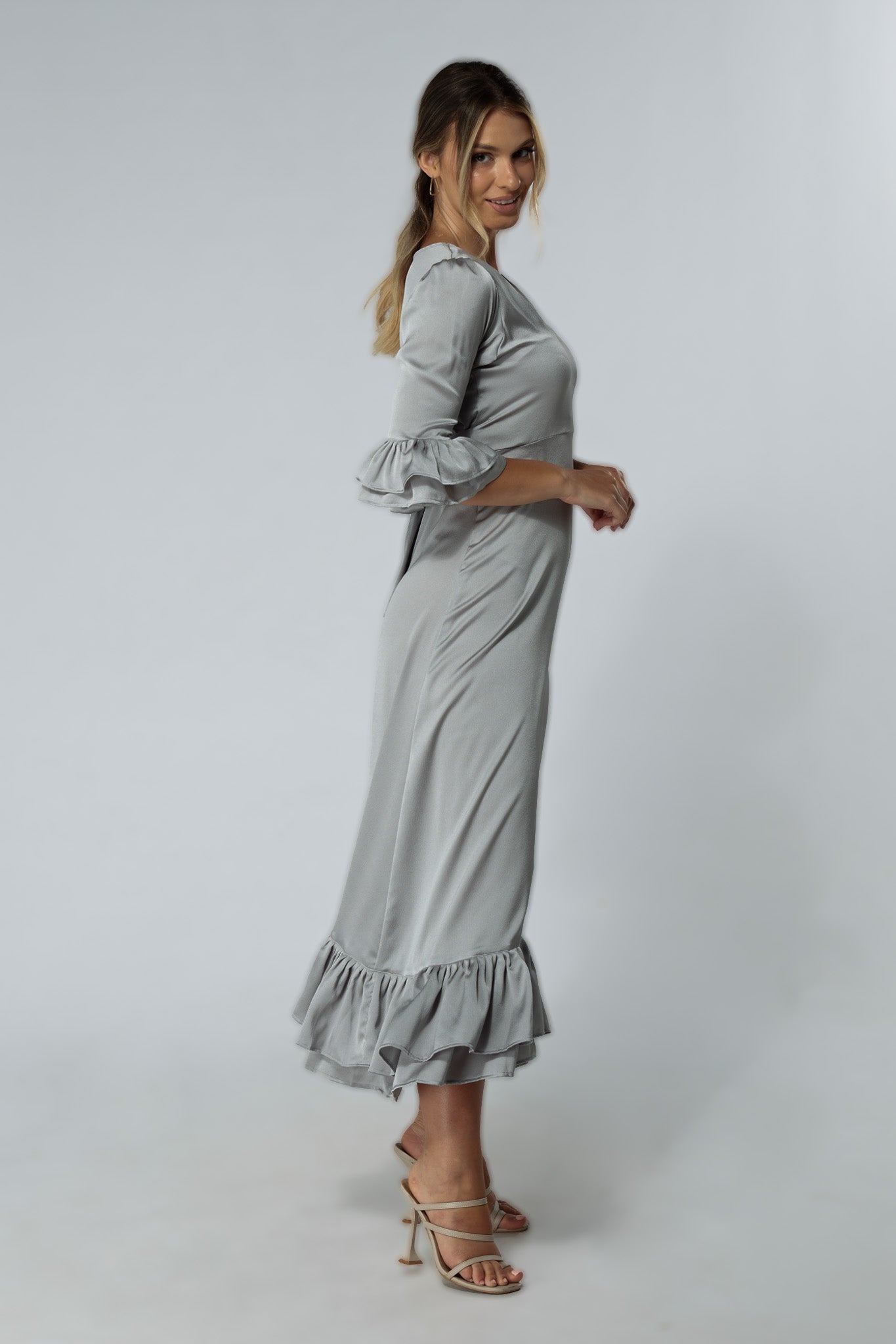 Francesca Frilled Hem Satin-Feel Silver Midaxi Dress