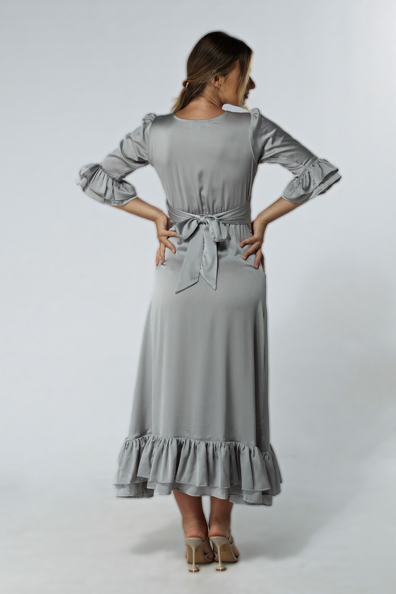 Francesca Frilled Hem Satin-Feel Silver Midaxi Dress