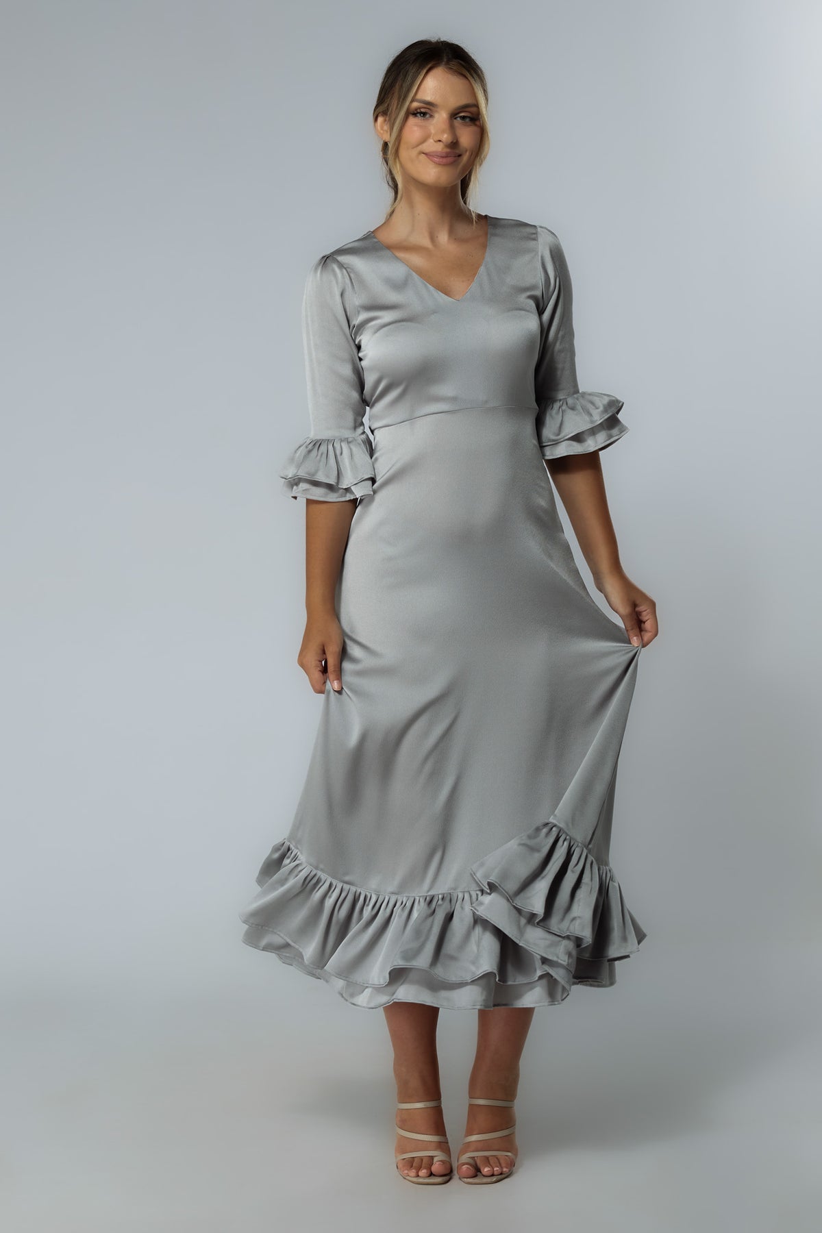Francesca Frilled Hem Satin-Feel Silver Midaxi Dress