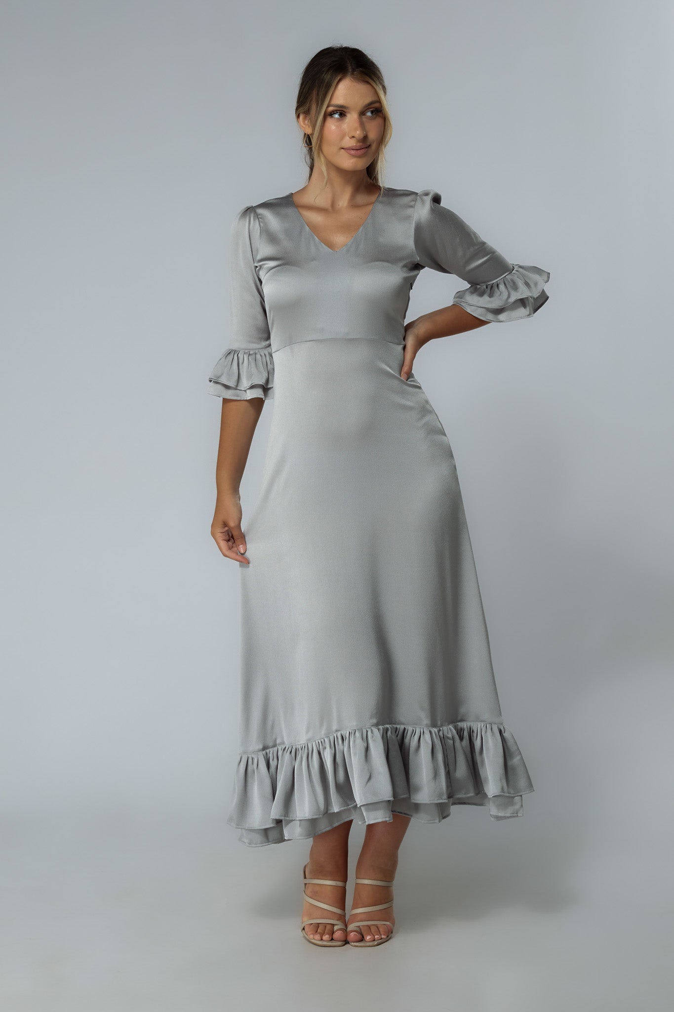 Francesca Frilled Hem Satin-Feel Silver Midaxi Dress