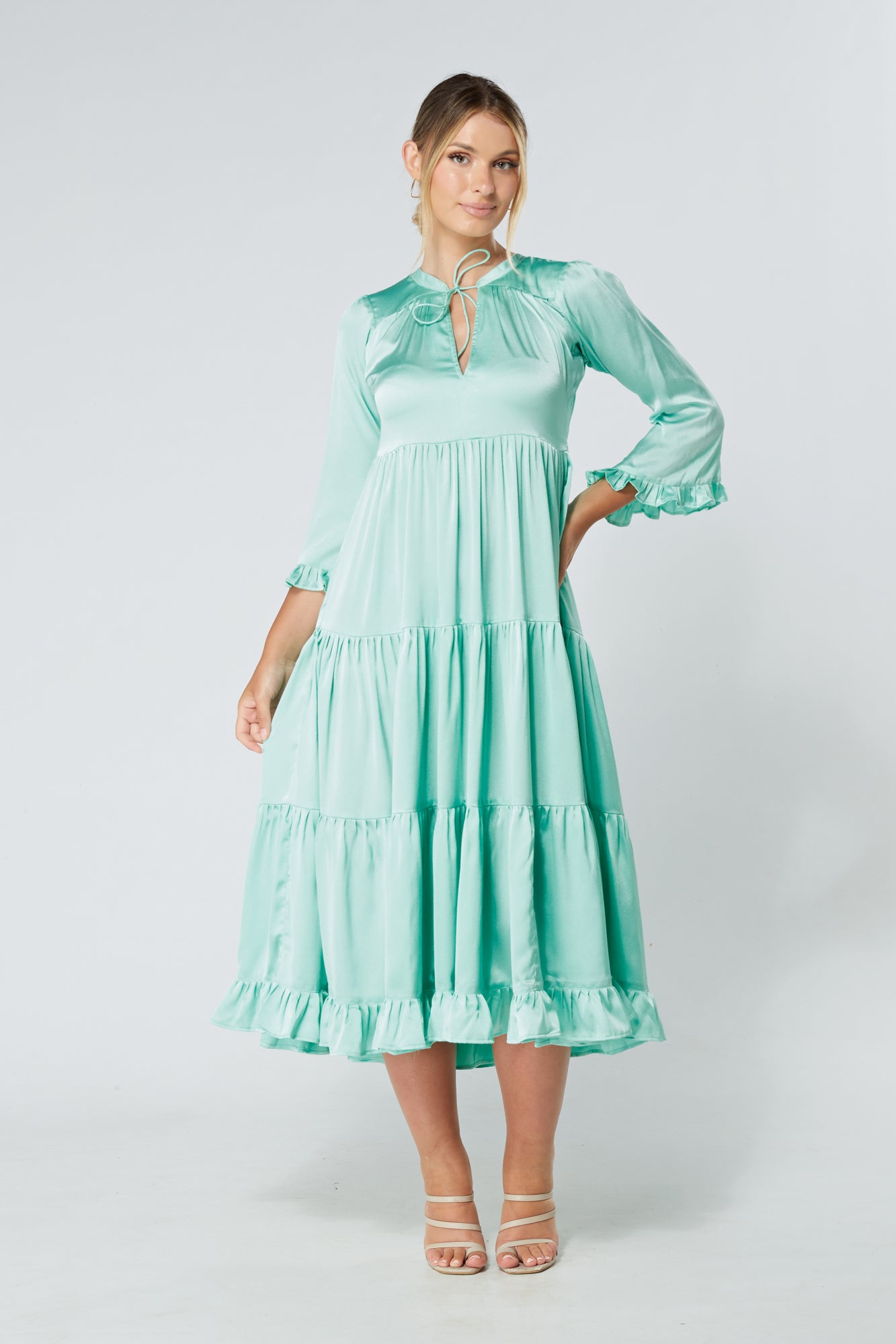 Gia Aqua Tiered Maxi Soft Crepe Satin Dress With Frilled Sleeves