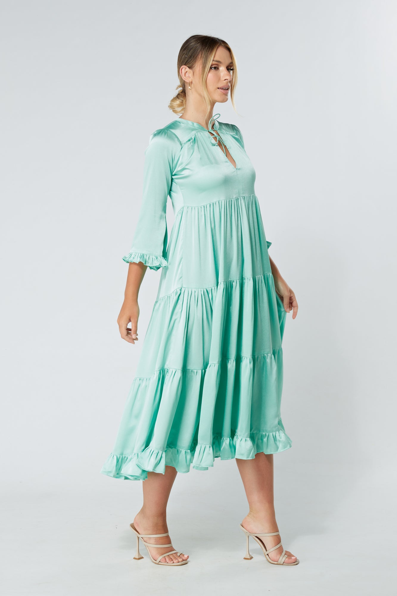 Gia Aqua Tiered Maxi Soft Crepe Satin Dress With Frilled Sleeves