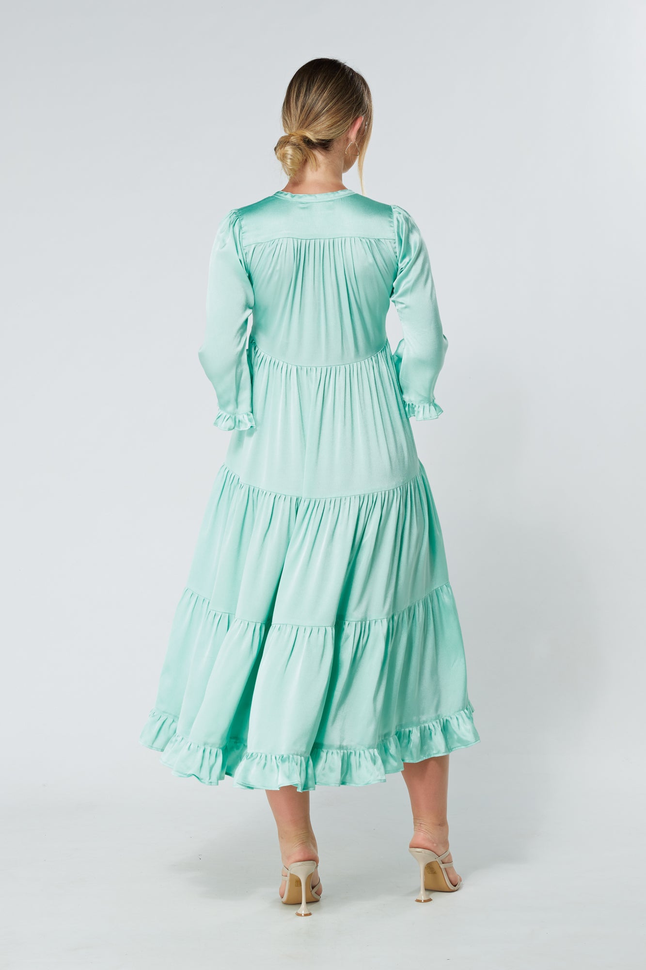 Gia Aqua Tiered Maxi Soft Crepe Satin Dress With Frilled Sleeves