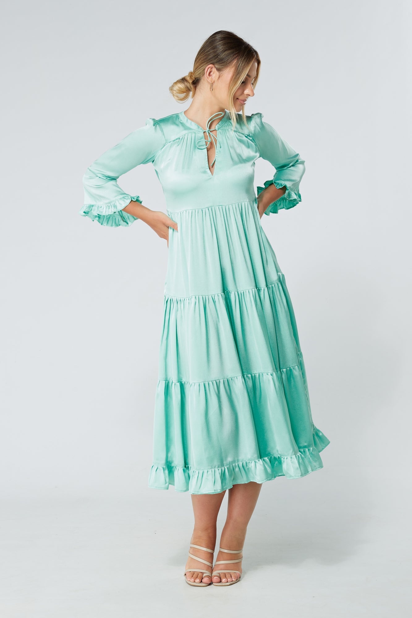 Gia Aqua Tiered Maxi Soft Crepe Satin Dress With Frilled Sleeves