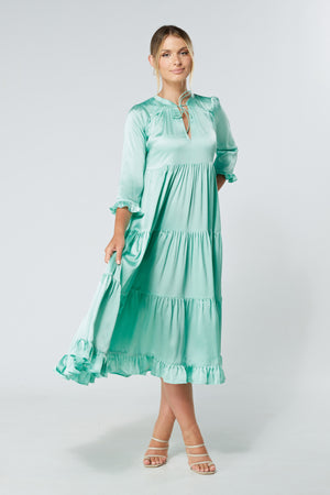 Gia Aqua Tiered Maxi Soft Crepe Satin Dress With Frilled Sleeves