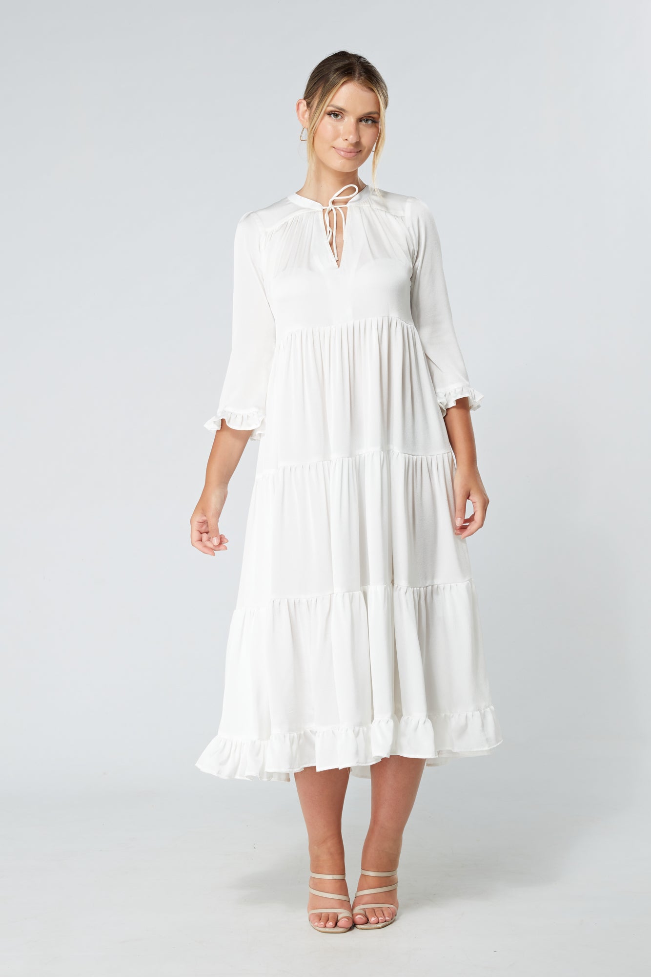 Gia White Tiered Maxi Soft Crepe Satin Dress With Frilled Sleeves