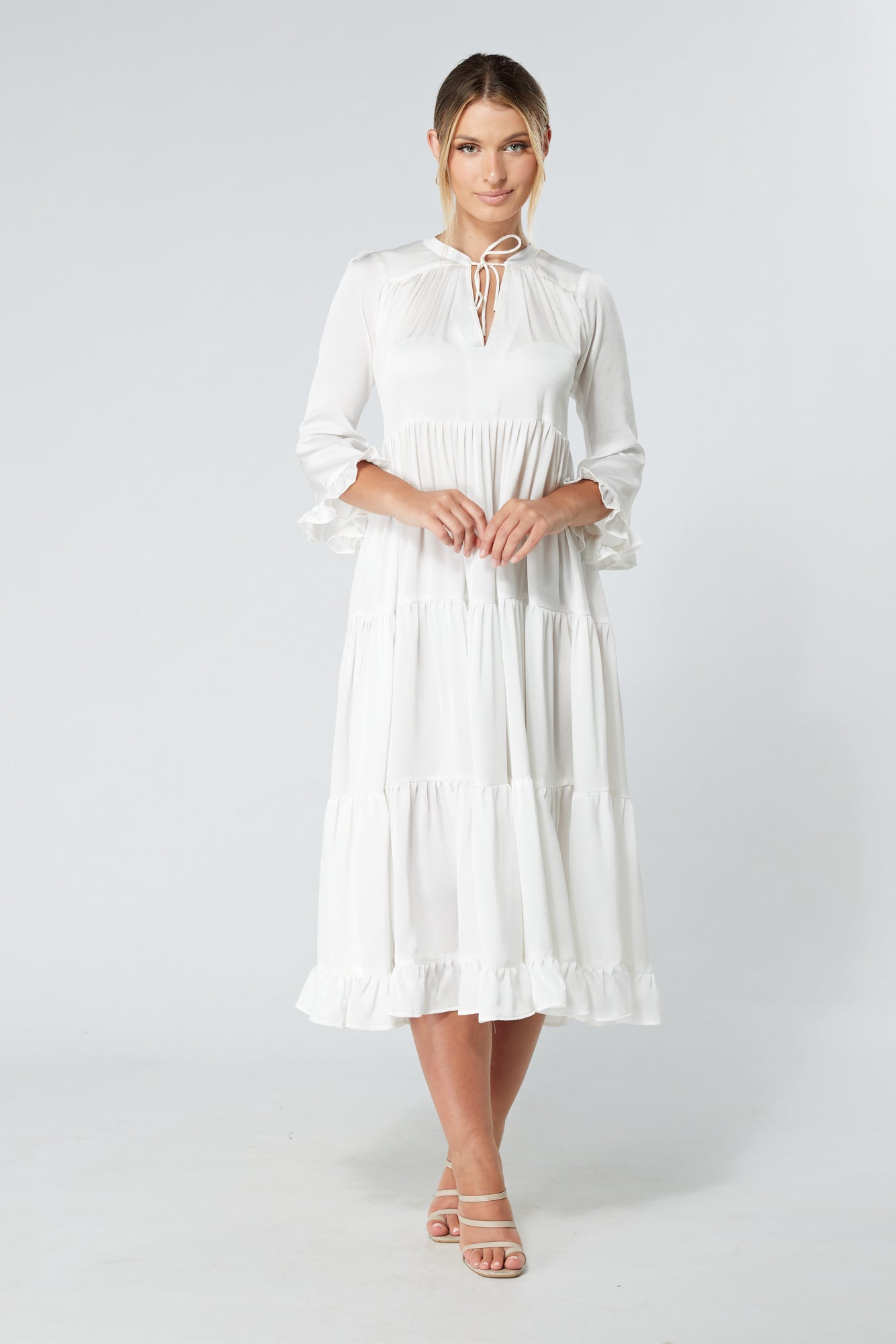 Gia White Tiered Maxi Soft Crepe Satin Dress With Frilled Sleeves