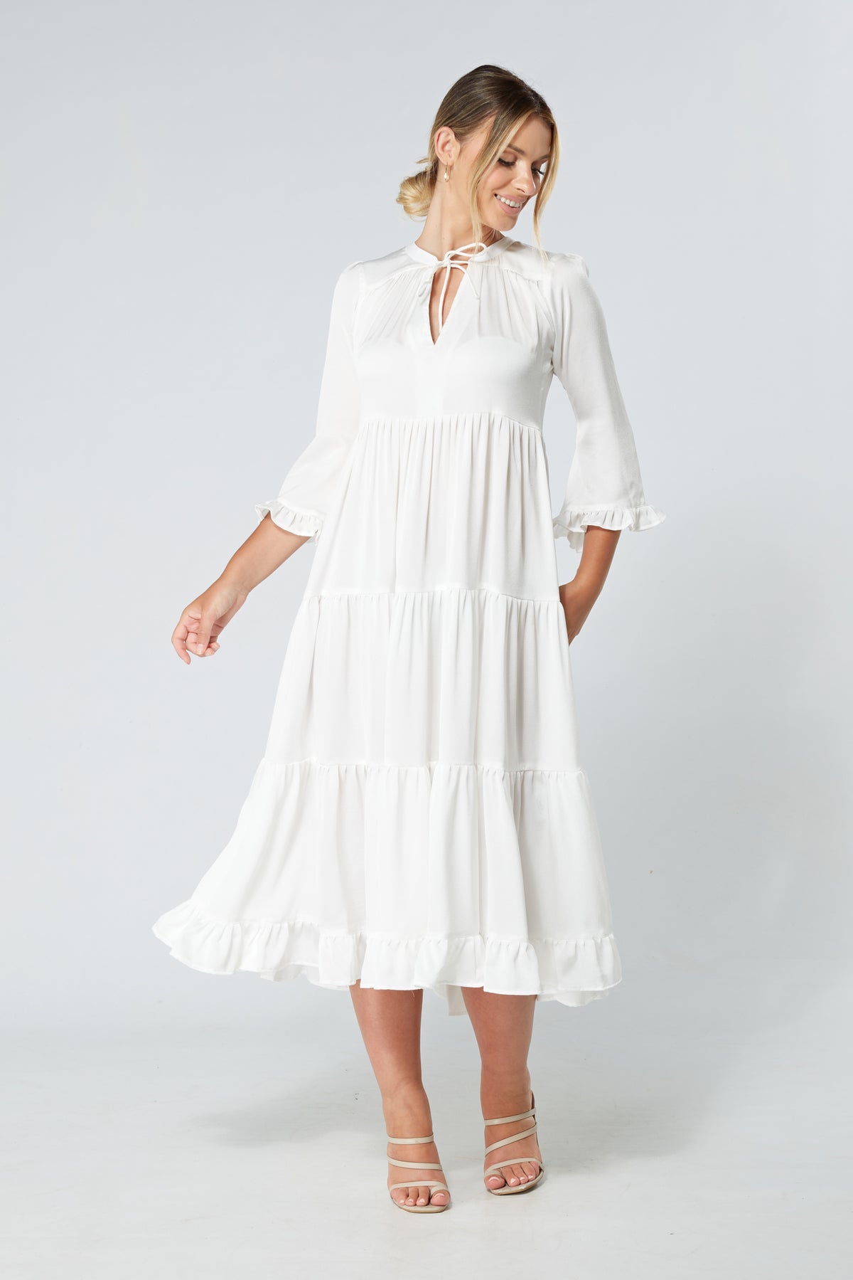 Gia White Tiered Maxi Soft Crepe Satin Dress With Frilled Sleeves
