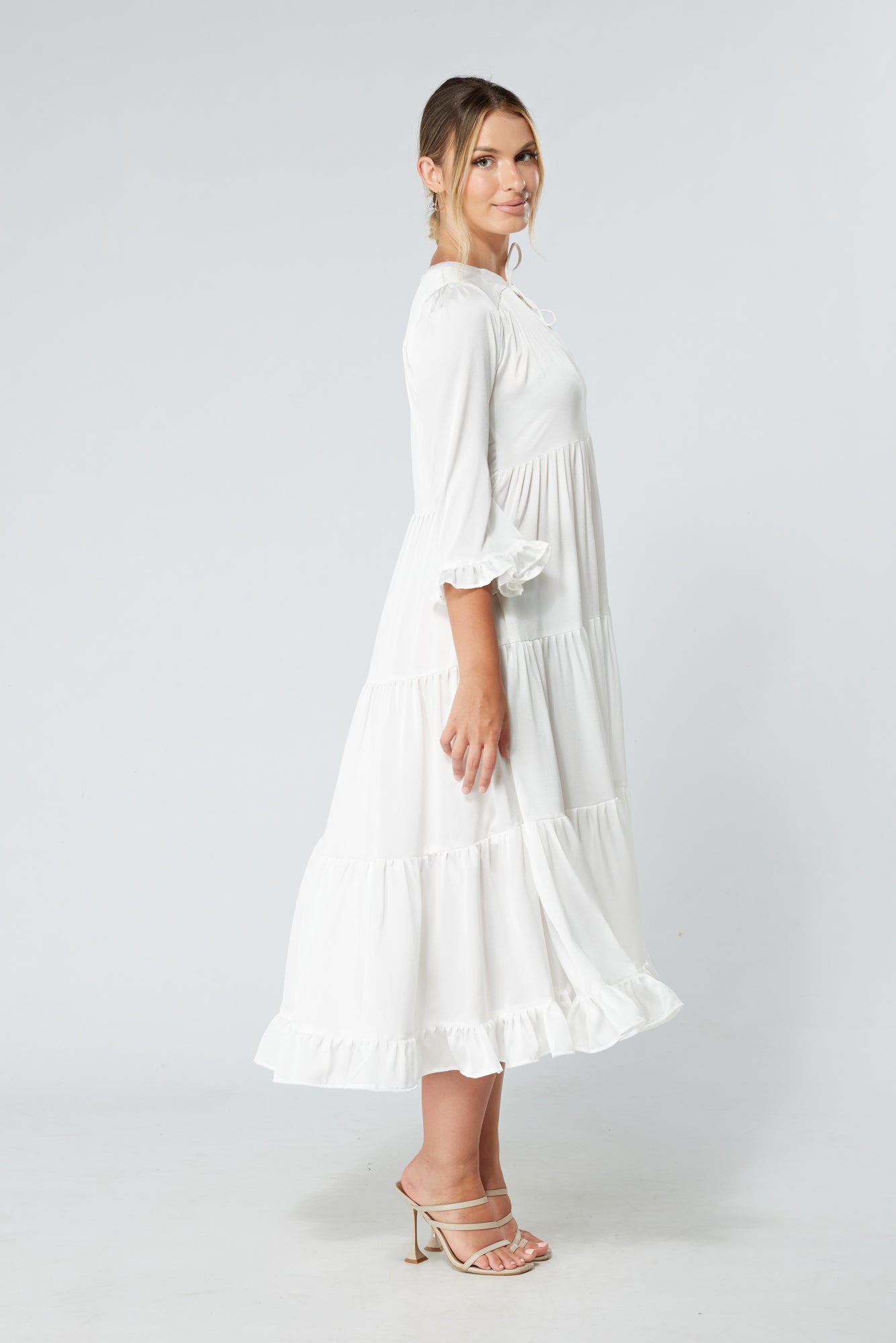 Gia White Tiered Maxi Soft Crepe Satin Dress With Frilled Sleeves