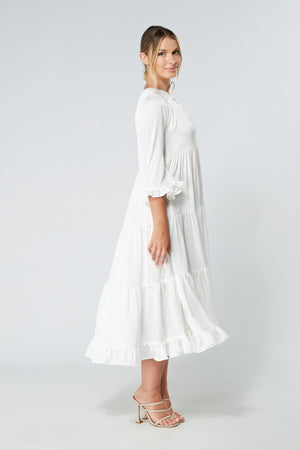 Gia White Tiered Maxi Soft Crepe Satin Dress With Frilled Sleeves