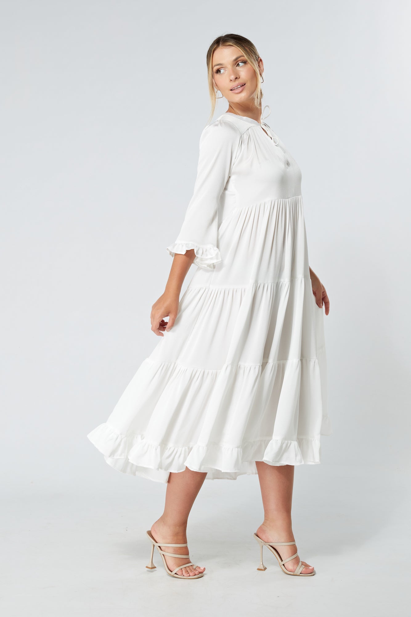 Gia White Tiered Maxi Soft Crepe Satin Dress With Frilled Sleeves